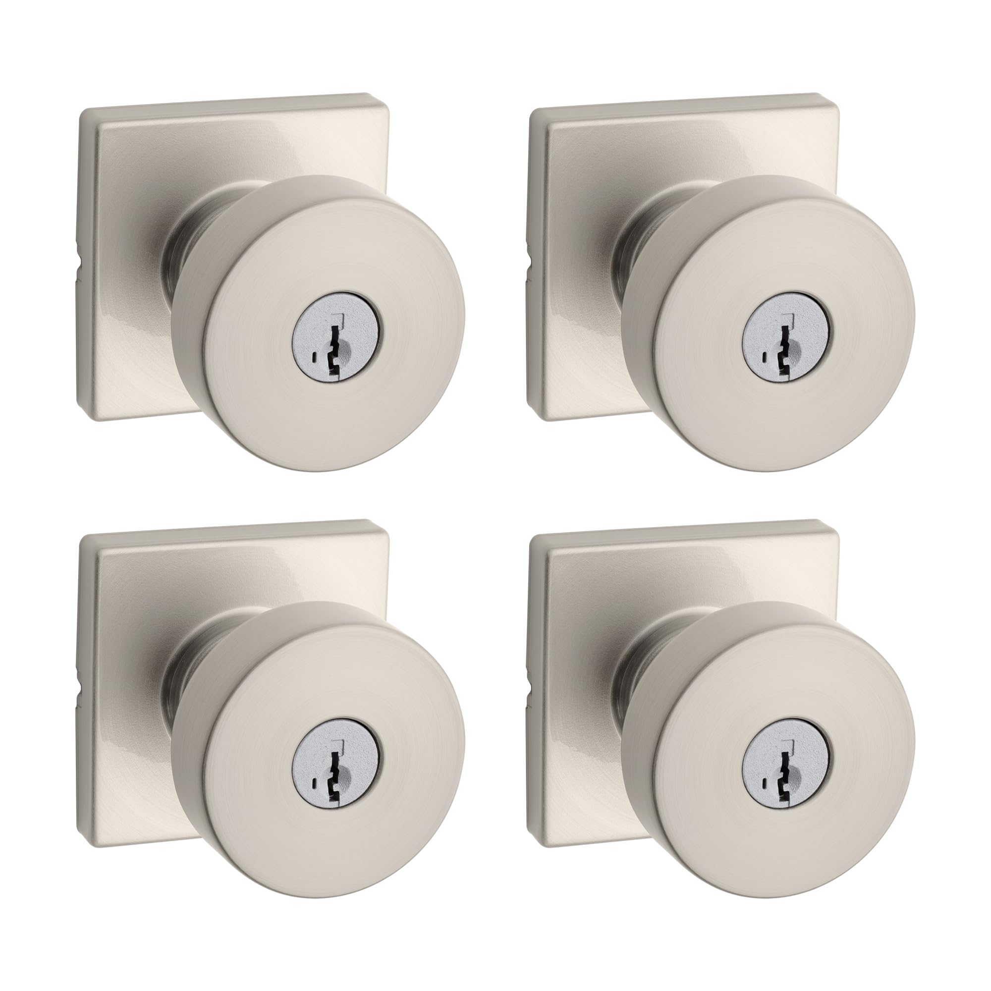 Kwikset Pismo Entry Door Knob with Lock and Key, Secure Keyed Handle Exterior, Front Entrance and Bedroom, Satin Nickel, 4 Pack, Pick Resistant SmartKey Rekey Security and Microban