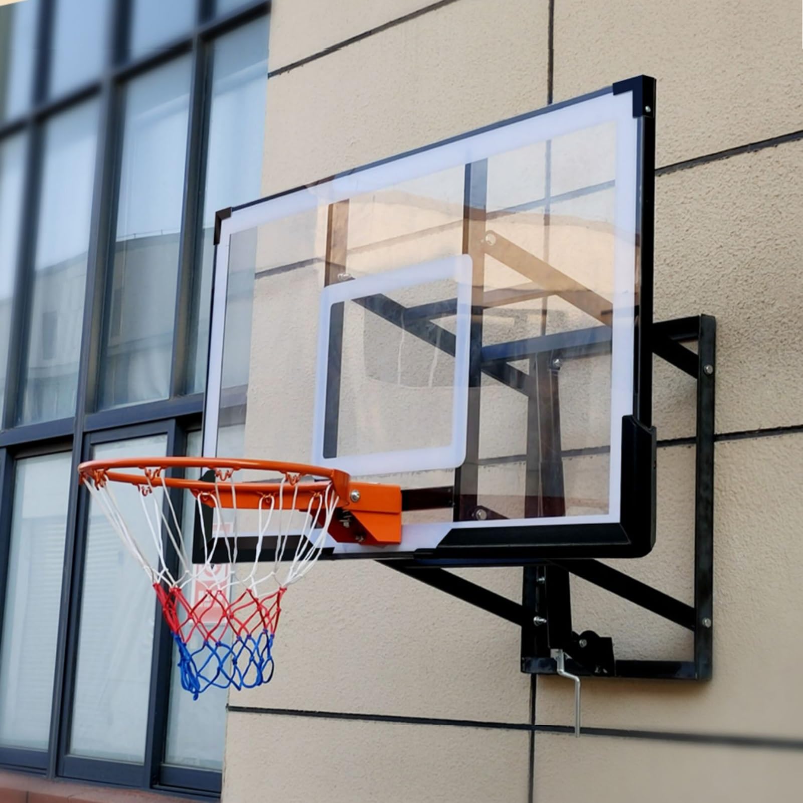 Wall Mounted Heavy Duty Backboard with Fully Tempered Glass Backboard Adjustable Height, Durable Steel Universal Bracket and Double Spring Breakaway Rim with Net