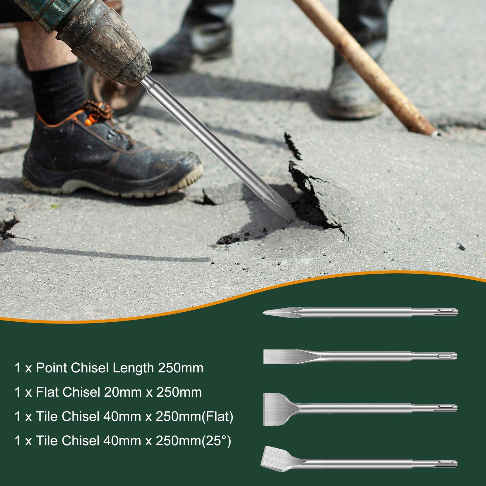 Cincel SDS Plus, 4 Piezas,1 x Cincel Puntiagudo, 1 x Cincel Plano, 2 x Cinceles para Azulejos, Cincel Profesional para Todos Los Martillos de Impacto y Rotativos SDS Plus