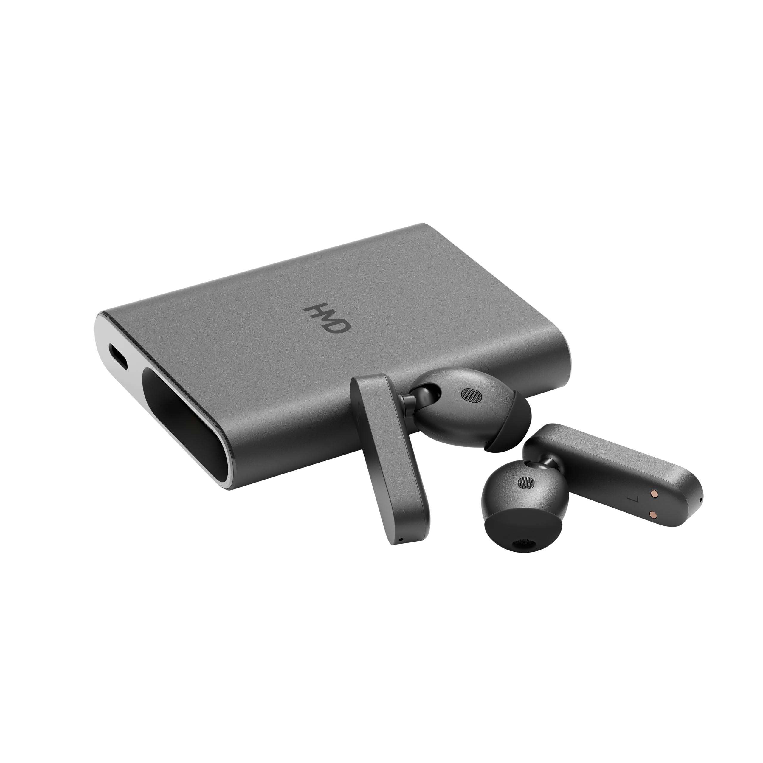 HMD Amped Buds - Auricolari wireless Bluetooth con power bank integrato (Hybrid ANC, ENC, fino a 95 ore di riproduzione, USB-C, IP54), colore: Nero