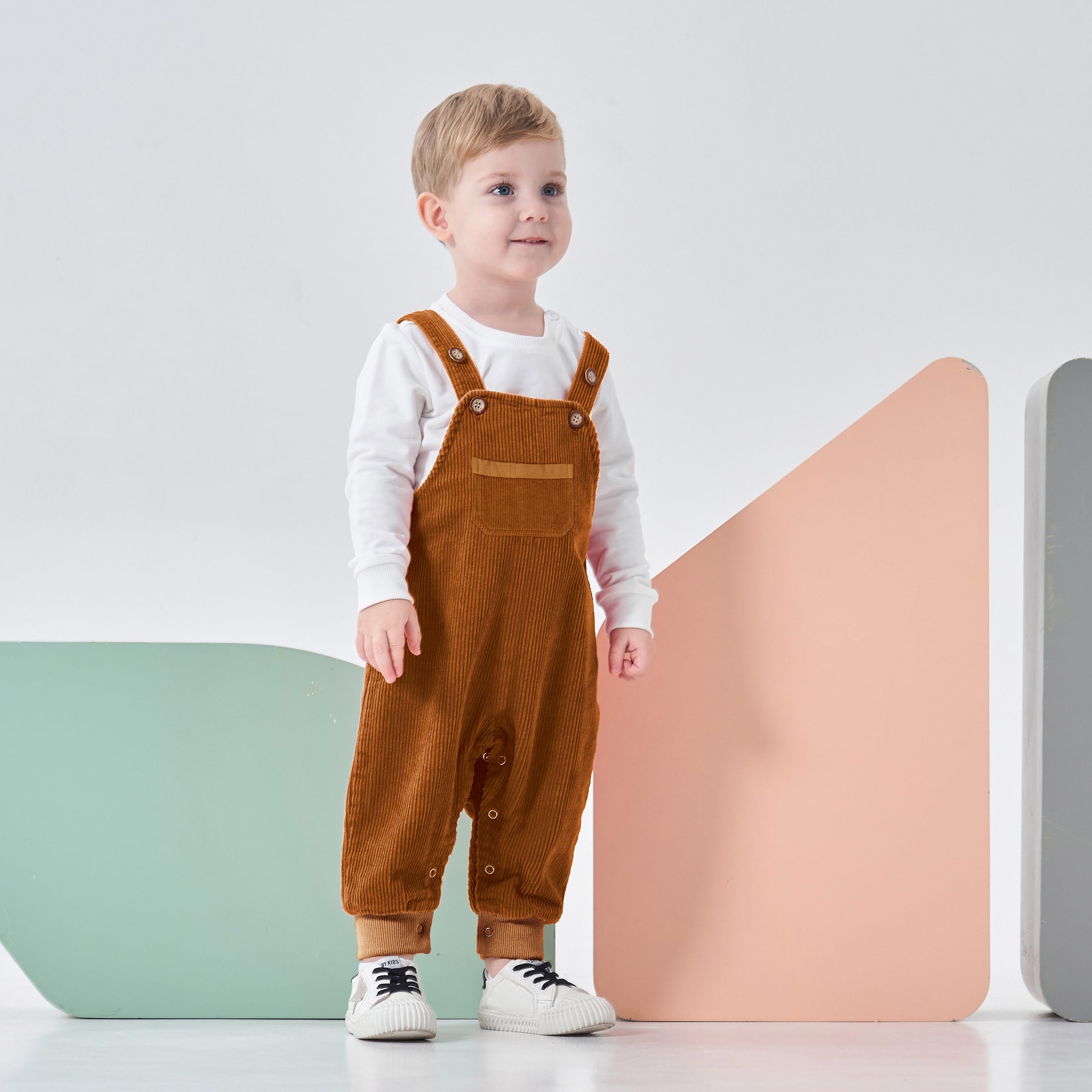 Volunboy Dziecięce spodnie dinozaury, unisex, bez rękawów, regulowane, sztruksowe spodnie