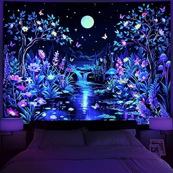 Serborlur Blacklight Fantasy Forest Tree Tapestry UV Reactive Floral Plant Tapestries Trippy Moon Butterfly Wall Art Decor Nature Landscape Wall Hanging for Bedroom