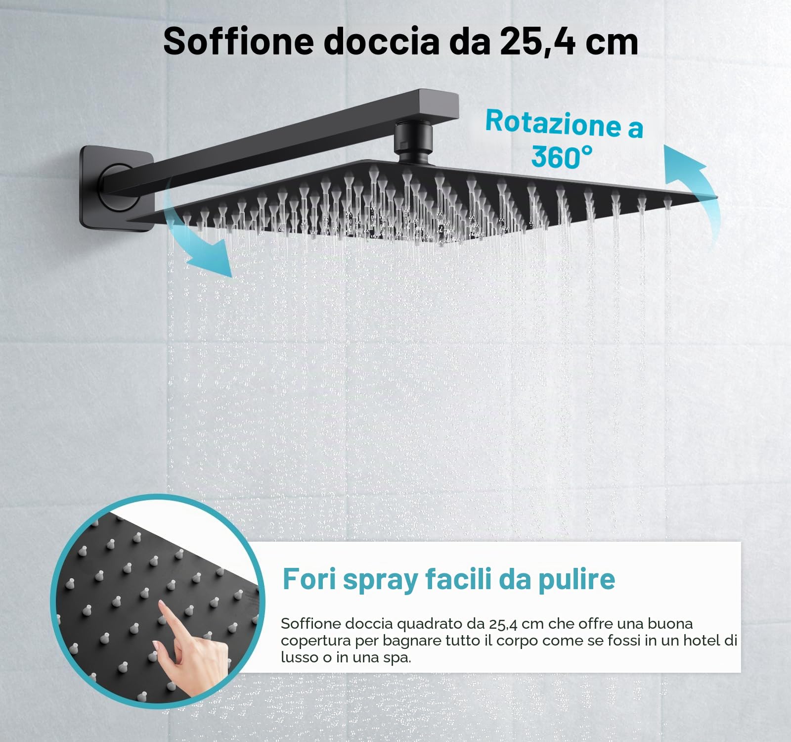 Sistema Doccia Set Doccia Completo Nero Opaco, Sistema Soffione a Pioggia con Miscelatore Incasso, Soffione Doccia a Parete 25x25cm Incluso Doccetta e Kit di Rifinitura Quadrato