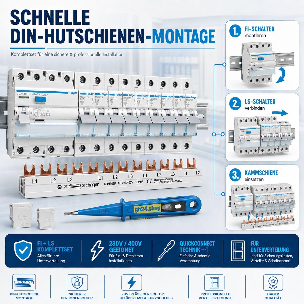 HAGER FI Schutzschalter Set 40A 30mA 4-polig 3P+N mit 8x B16A Sicherungsautomat 6kA, FI LS Paket für Unterverteilung Schaltschrank DIN Hutschiene inkl. Kammschiene und gh24 Phasenprüfer