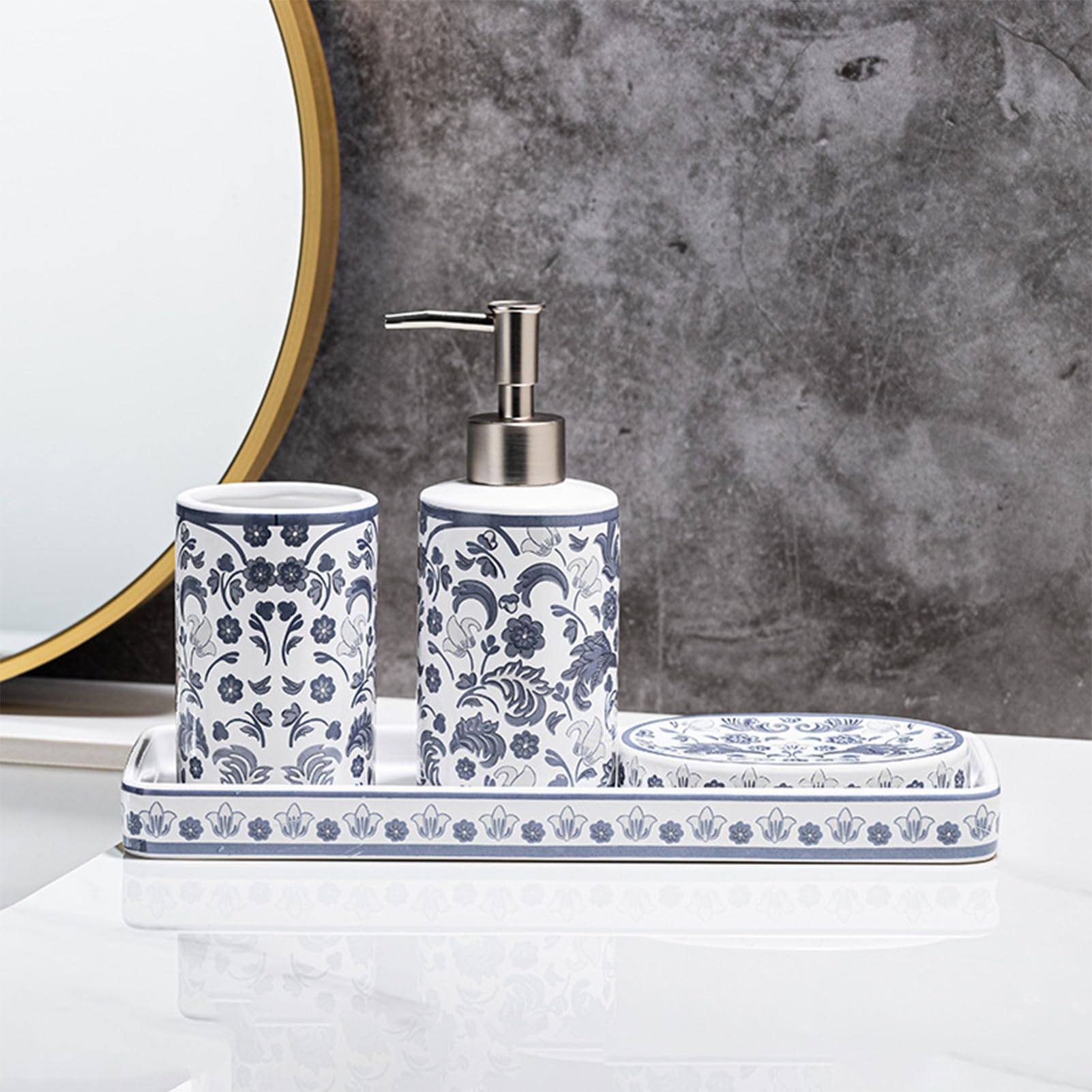 Lot De 4 Accessoires De Salle De Bain en Céramique, Distributeur De Lotion, Porte-Brosse À Dents, Boîte À Savon en Céramique avec Plateau, Décoration De Bain Moderne (A)