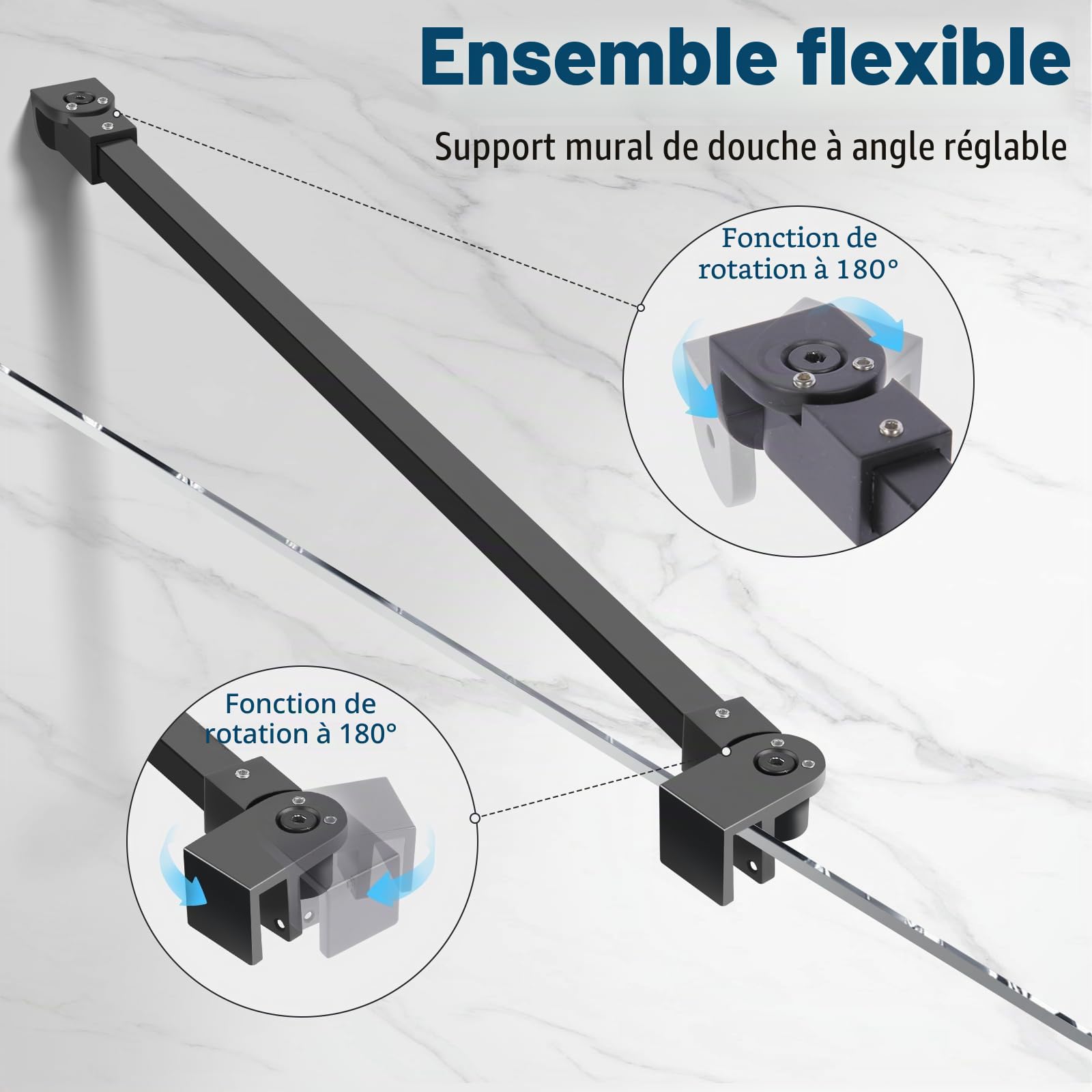 SVNR Barre de support pour écran de douche en acier inoxydable, 500 mm, rotative à 180°, épaisseur du verre de 6 à 10 mm (noir mat)