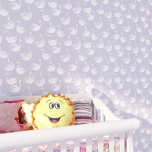 Miniatura 6 de Papel tapiz de vinilo autoadhesivo con diseño de cisne blanco, diseño de cisnes de animales Art Deco, color gris, rojo y blanco, removible para