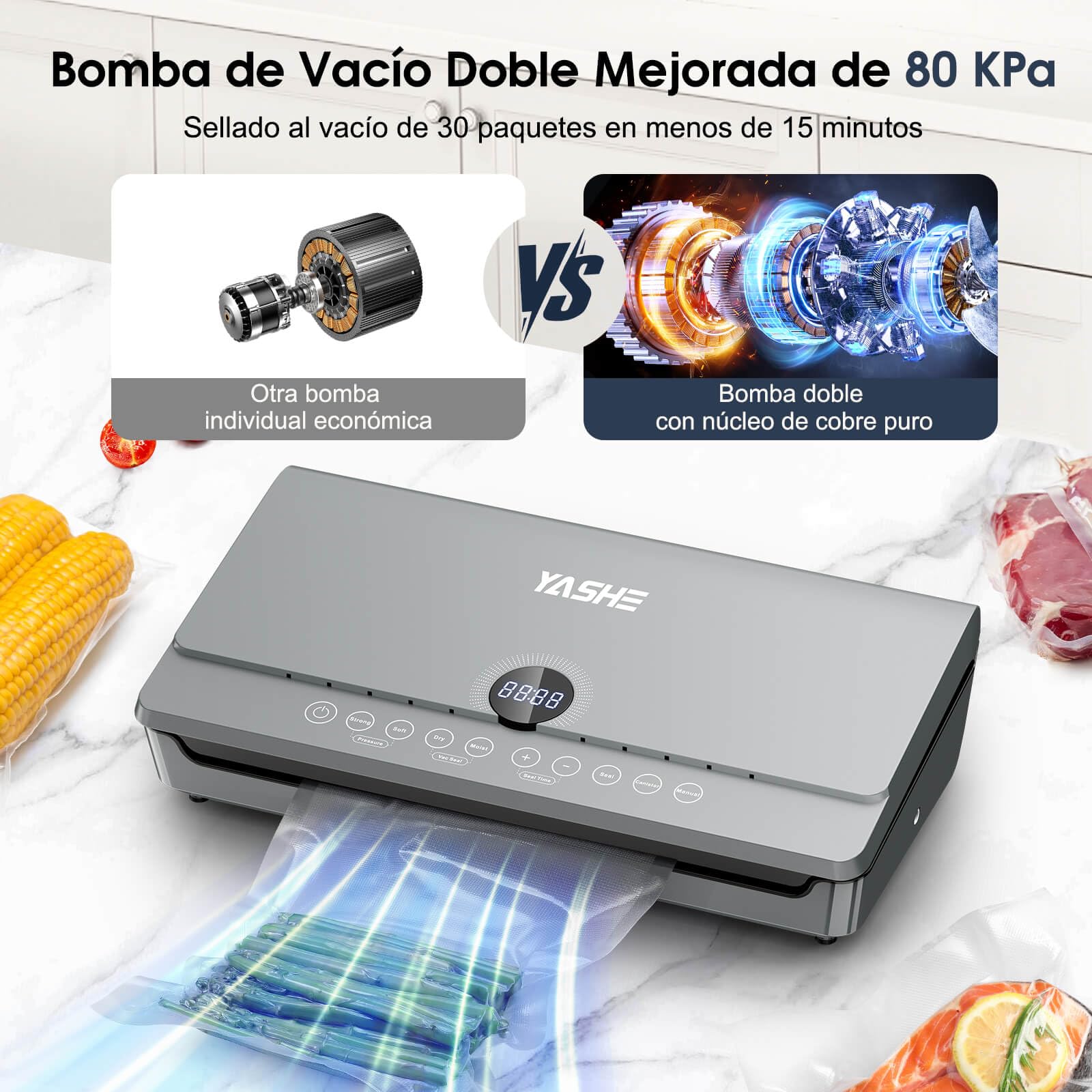 YASHE Envasadora al Vacio 80KPA con Tapa Magnética, 10 en 1 Doble Sellado y Doble Bomba Envasadora al Vacio Domestica, Almacenaje Integrado para Rollos, Incluye 1 Rollo de Bolsas