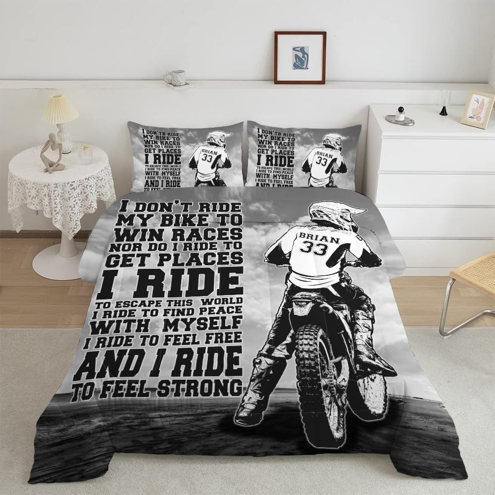 Custom Motocross Comforter Set for Boys – Personalized Dirt Bike Bedding with Name & Number – Vintage Motocross with Quote Design – Twin/Full/Queen/King Sizes