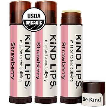 Kind Lips Strawberry Organic Lip Balm (3 Pack) – Hypoallergenic Natural Beeswax Lip Balm for Dry, Cracked Lips – Non Toxic Moisturizing Lip Repair with Vitamin E