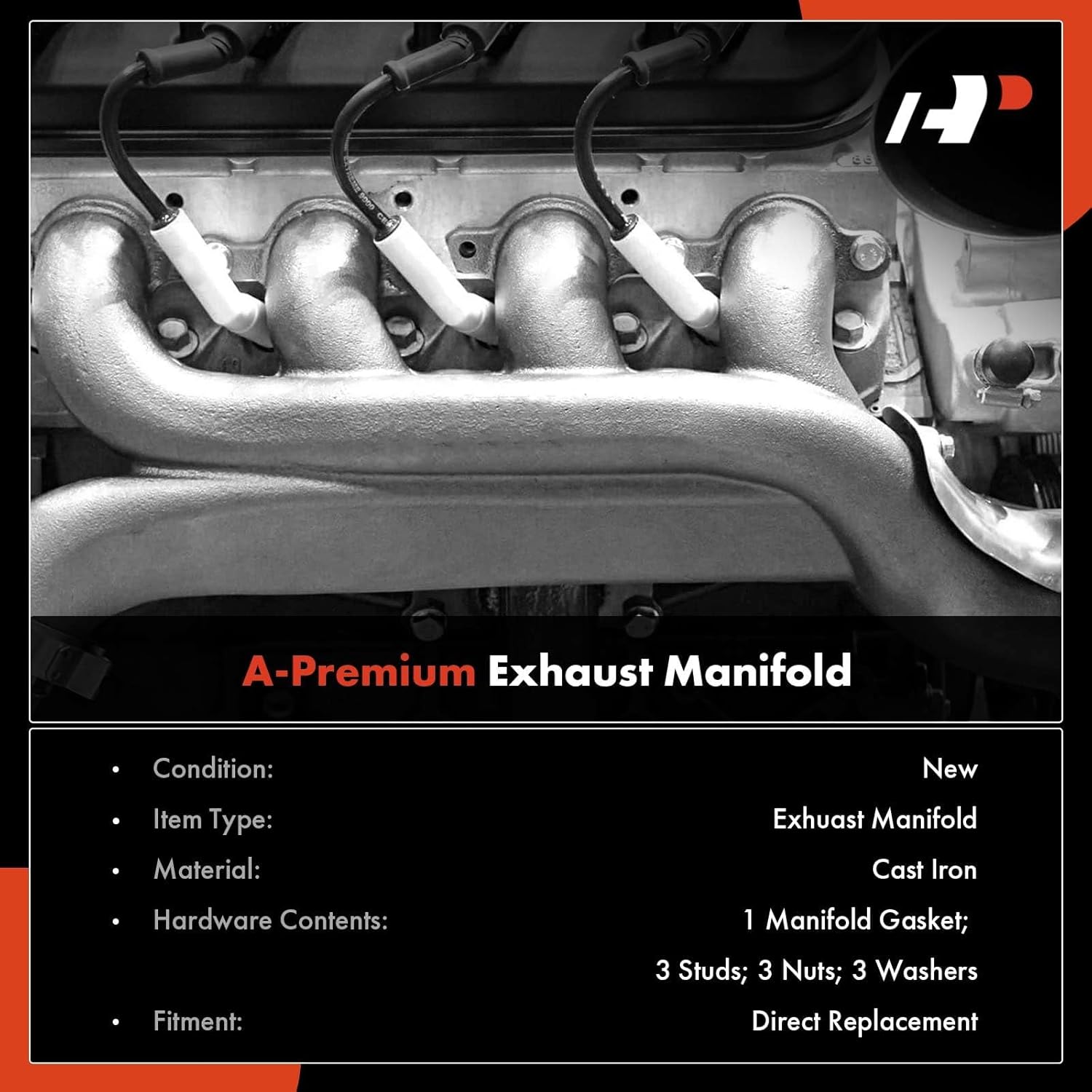 A-Premium Right Exhaust Manifold Kit W/Gaskets, Studs, Nuts, Washers Compatible with Chevy Malibu, Impala, Camaro, Blazer, Caprice, C10, C20, C30, El Camino, K10, K20, K30 & Buick & GMC C15 & More