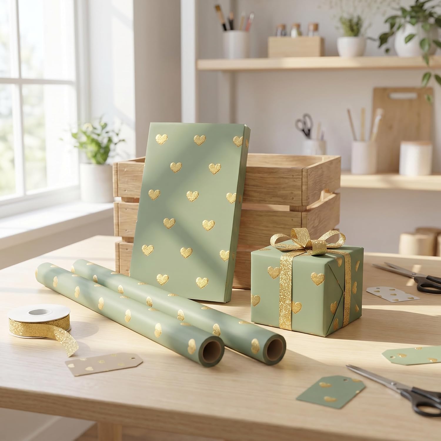 Sage Green Heart Wrapping Paper Roll, Elegant Minimalist Gold Heart Pattern Gift Wrap for Birthday, Wedding, Anniversary, Baby Shower, Bridal Shower, Valentine's Day, Christmas, 17 In x 16.4 Ft image 5