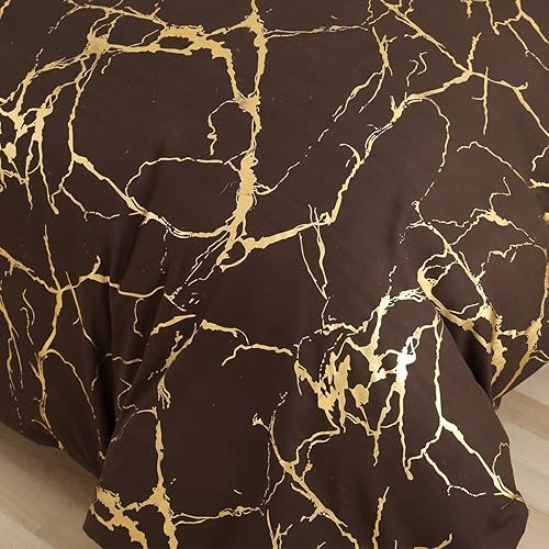 Miniatura 5 de Holawakaka - Juego de edredón con diseño de mármol metálico dorado, con líneas, brillantina y de tamaño queen, color cafédorado, tamaño queen