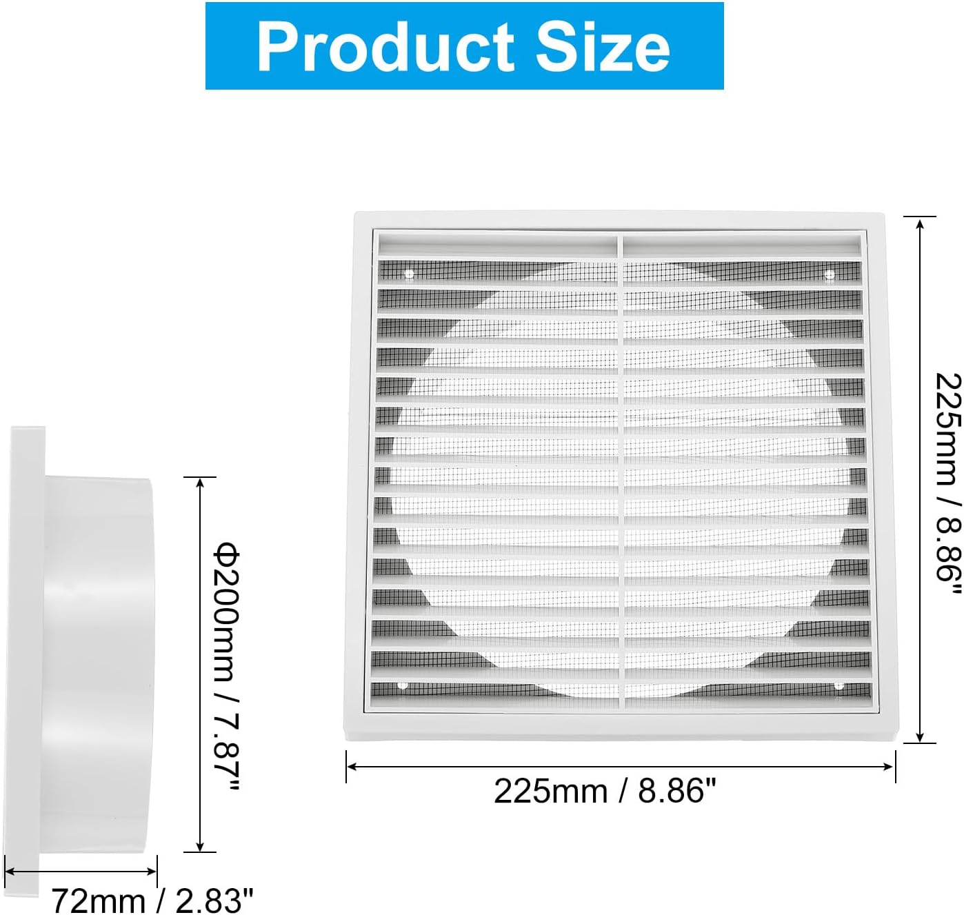 PATIKIL 8" Wall Vent, ABS Gable Vent Grille Louvered Square Louver Air Vent Cover with Screen Mesh for Exterior Wall AC HVAC Intake Exhaust Ventilation