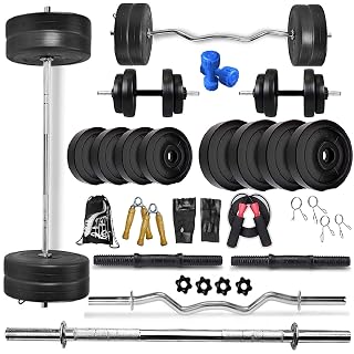 Bodyfit Home Gym Combo, Home Gym Set, Gym Equipment, Weight Plates (8Kg-100Kg)Combo with 5Ft Straight,3Ft Curl Bar, 2 Dumbbell Rods,with Accessories (40KG COMBO KIT)