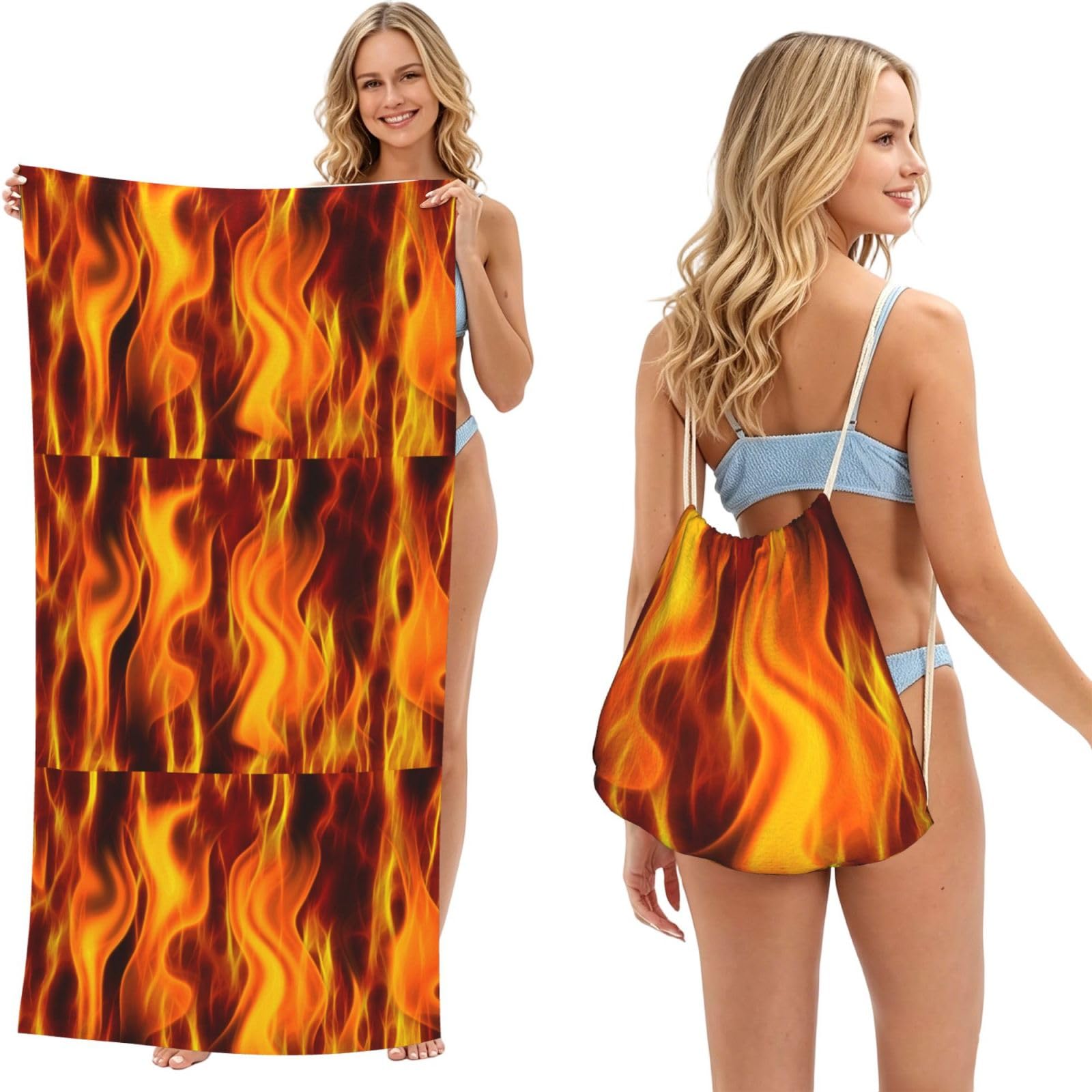 Poadnly As Picture Fire, 2 In 1 Packable Towel Bag, Beach Towels With Drawstring Backpack For Travel Holiday Camping