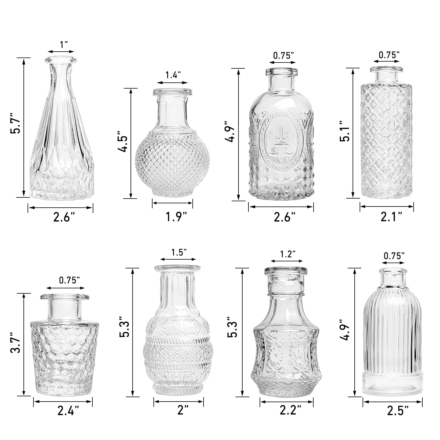 Juego de 8 jarrones de cristal para flores, pequeños jarrones a granel, jarrones vintage transparentes para centros de mesa, jarrones de cristal en relieve modernos para bodas, hogar, oficina