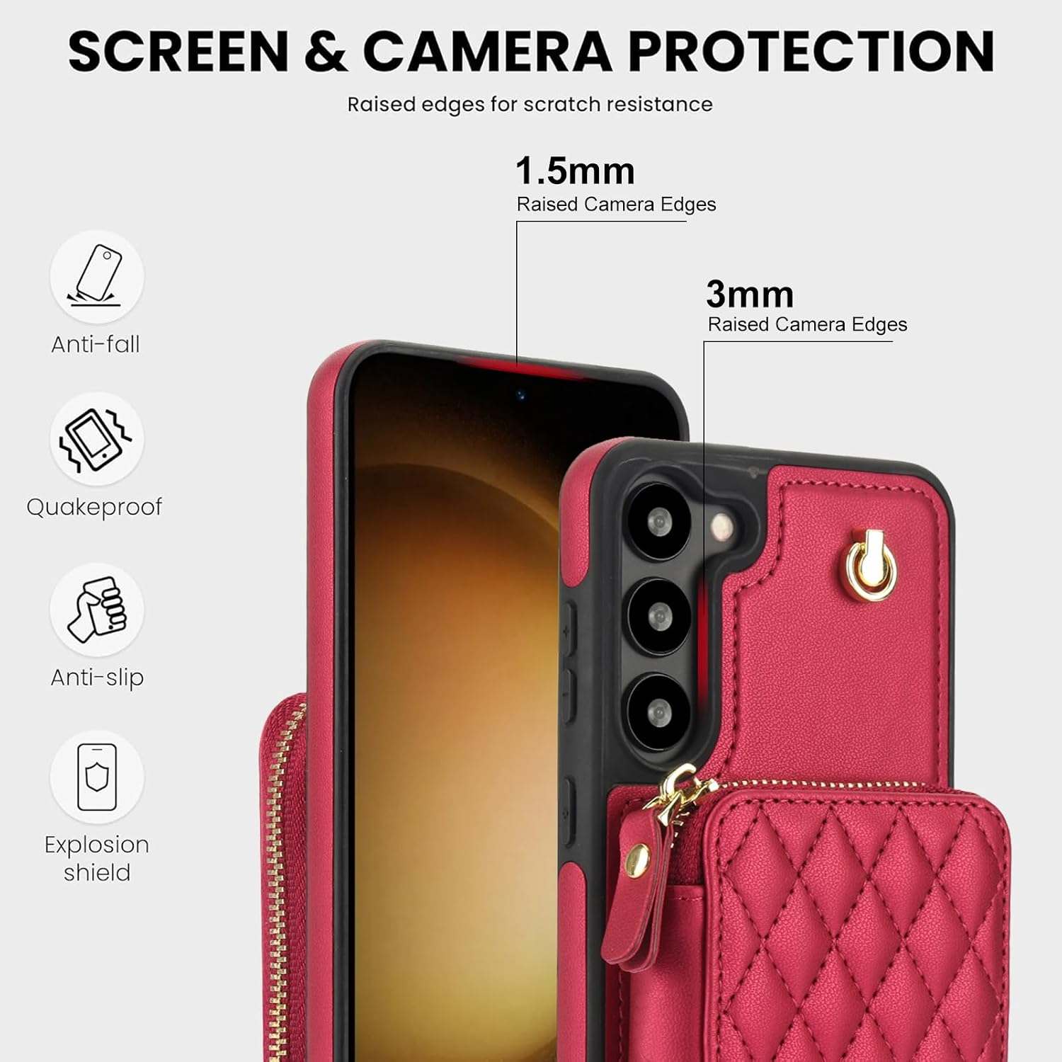 Phone Case for Samsung Galaxy S23 Plus S23+ 5G Wallet Cell Cover with Tempered Glass Screen Protector Wrist Crossbody Strap RFID Blocking Card Holder S23plus 23S + S 23 23+ SM-S916U 6.6 inch Women Red