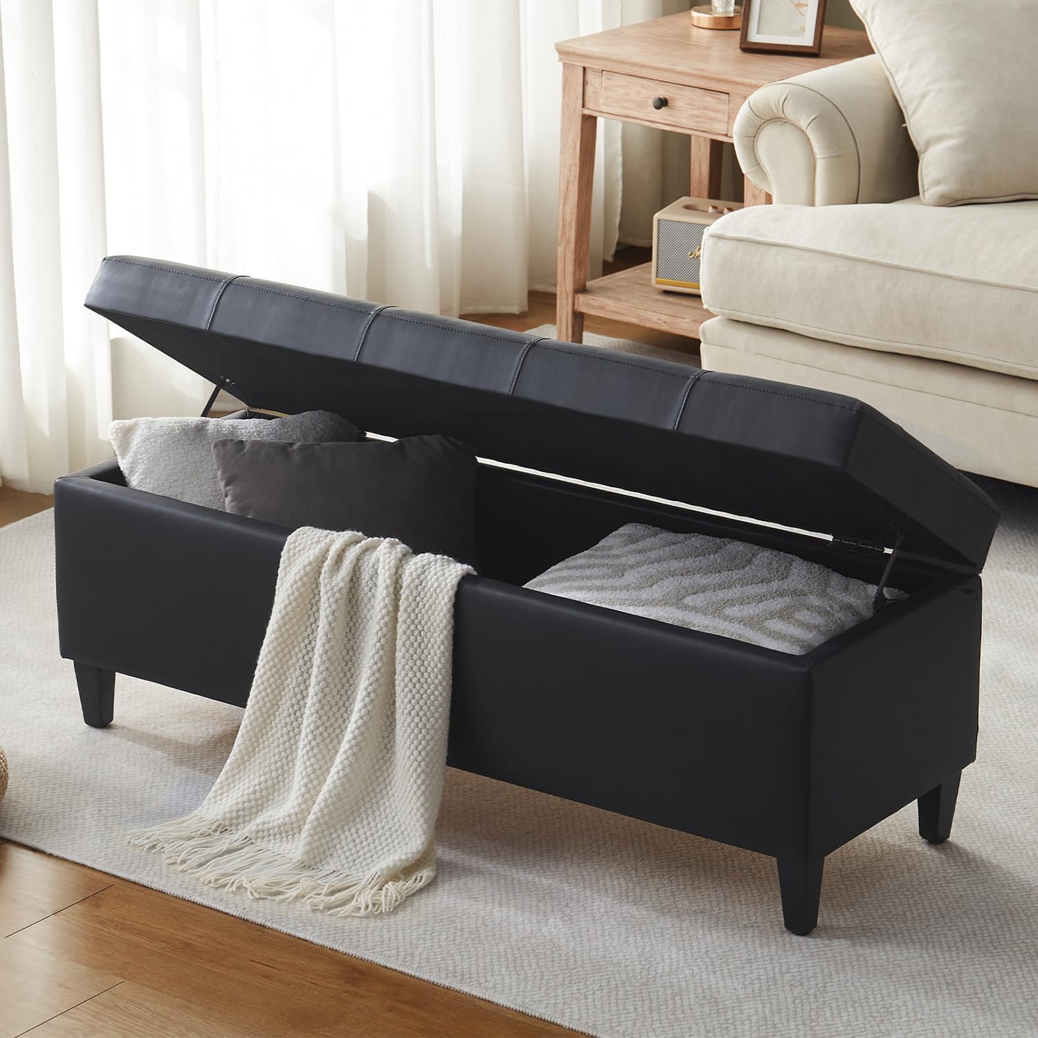 50.5 Inch Storage Ottoman Bench, Faux Leather Tufted Upholstered Bedroom Bench with Safety Hinges, Supports 300 lbs, Large Storage Bench for Living Room, Entryway (Black)