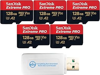SanDisk 128GB Micro SDXC Extreme Pro Memory Card (Five Pack) Works with GoPro Hero 7 Black, Silver, Hero7 White (SDSQXCD-128G-GN6MA) Bundle with 1 Everything But Stromboli MicroSDXC & SD Card Reader