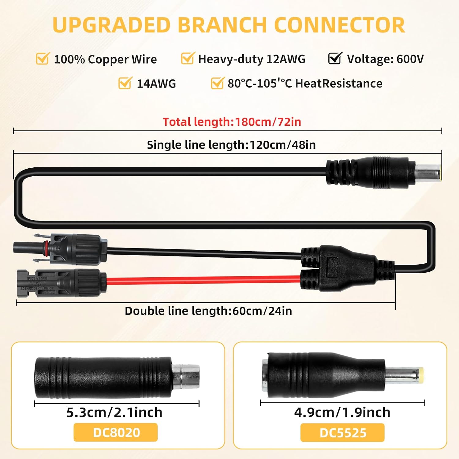 DC 8mm Adapter Cable Compatible for Jackery,Solar Connector Converter,Solar Panel Adapter with DC7909 to DC8020/DC5525 Connector,Compatible with MC-4 to DC 8MM/0.3IN Extension Cable