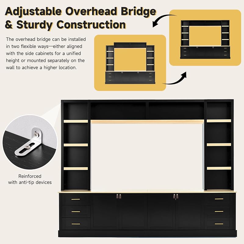 4-Piece Entertainment Center Wall Unit, Large TV Stand with Bookshelves for TVs Up to 75", TV Hutch with 6 Drawers and Adjustable Shelves for Living Room (Black-8.17) image 6