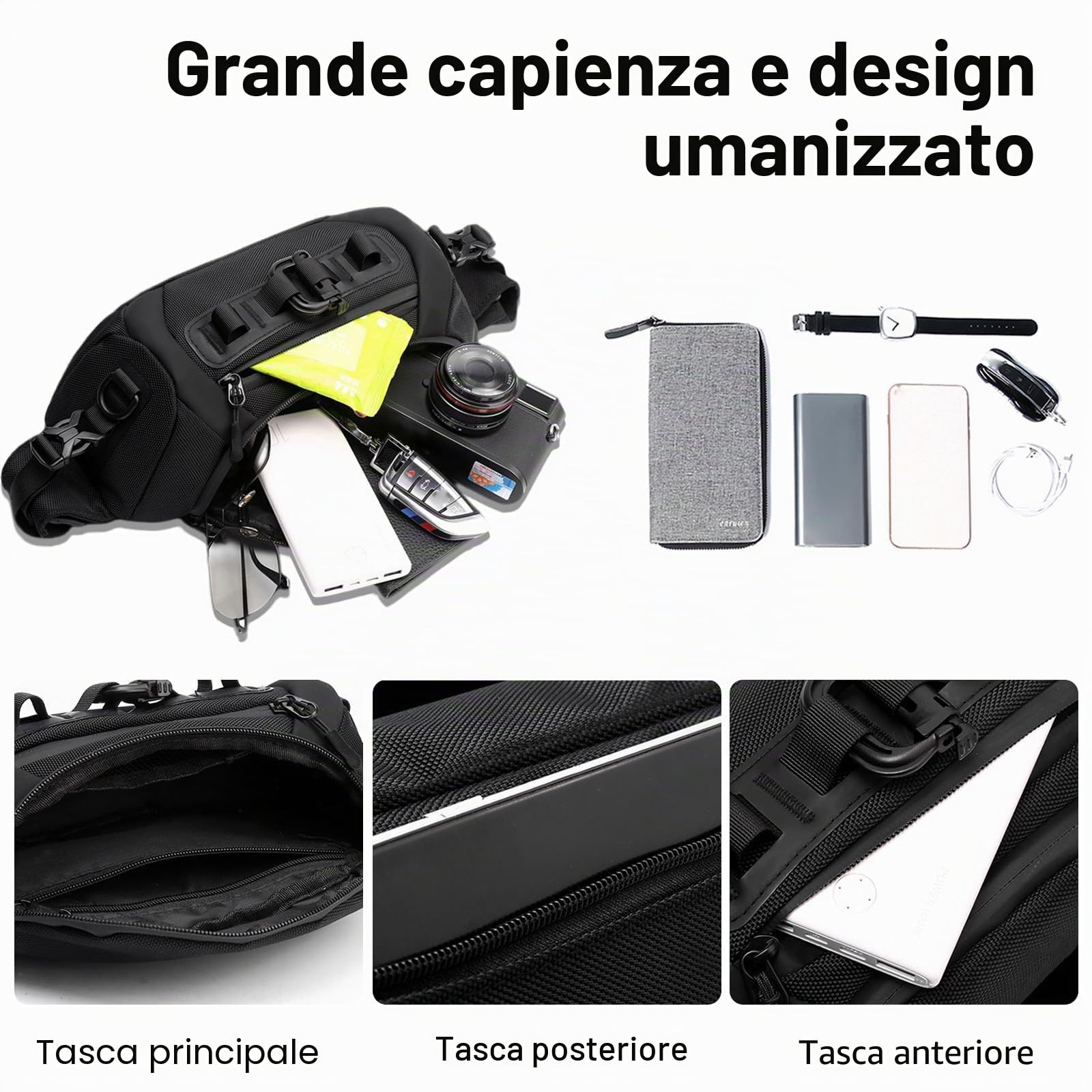 FANDARE Marsupio Sportivo con Tasche Multiple Borse uomo Zaino Monospalla da Uomo Borse a spalla da palestra Borsa a Spalla Borse piccole a tracolla Zainetto per lavoro Ciclismo Viaggio Nero