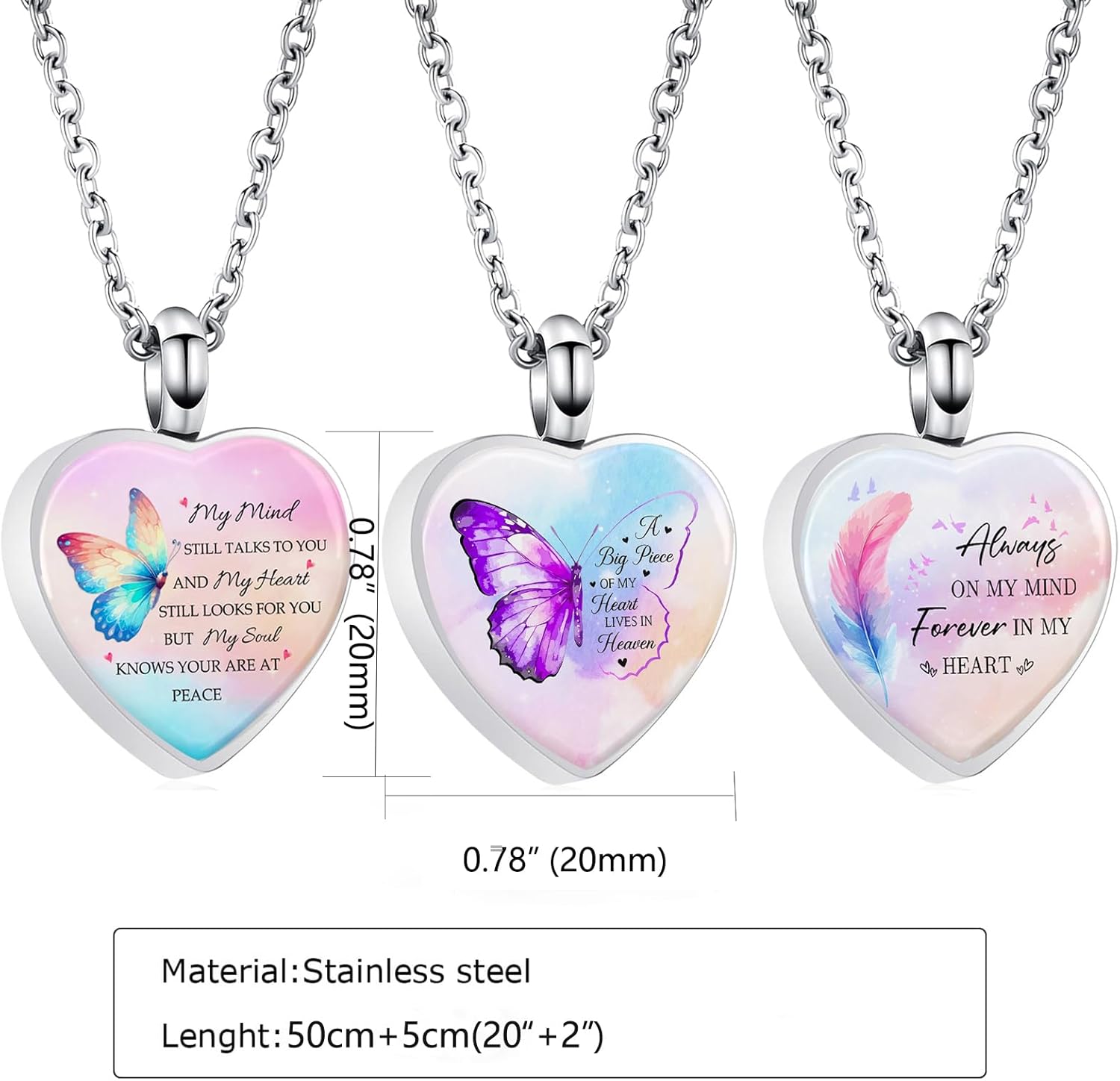 RIPFEVURN 3pcs Cremation Jewelry Heart Butterfly Urn Necklaces for Ashes for Women Stainless Steel Glass Urn Locket for Human Ashes Holder Memorial Keepsake Pendant - Image 2