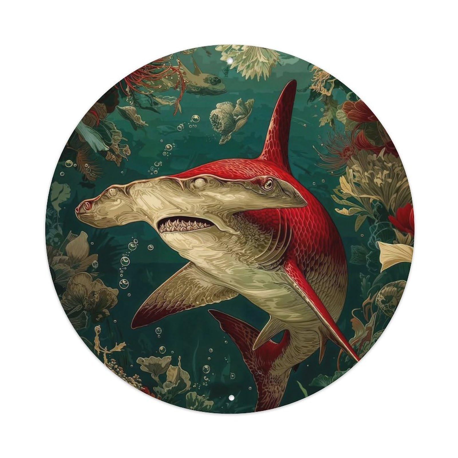 Marine Animals Hammerhead Shark with Coral Reef And Sea Anemone Vintage Metal Tin Sign Plaque Wall Decor for Cafe, Club Bar, Office, Garden Metal Poster 8x8Inch