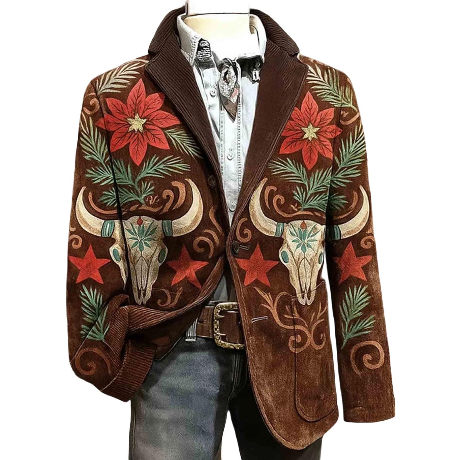 Genérico Chaqueta Traje Hombre Blazer Hombre Estilo Western Americana Pana Vintage Impresa Casual Elegante para Fiesta Eventos