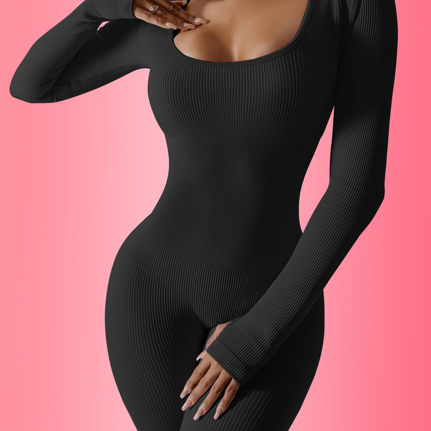 JN JANPRINT Overol de yoga para mujer, de una pieza, acanalado, cuello cuadrado, manga larga, bodycon, ropa deportiva, mameluco, mameluco