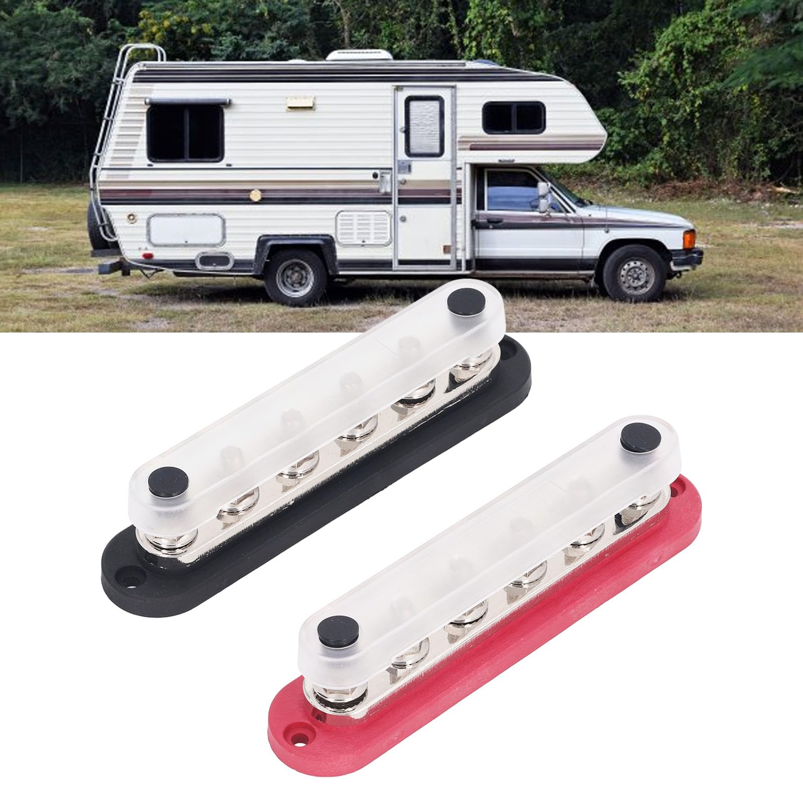 Bloc de Distribution D'énergie 2 Pièces, Bornier en Acier Inoxydable en Laiton M8 300A 12 à 48V avec Couvercle pour Bateau de Voiture Automobile Marine