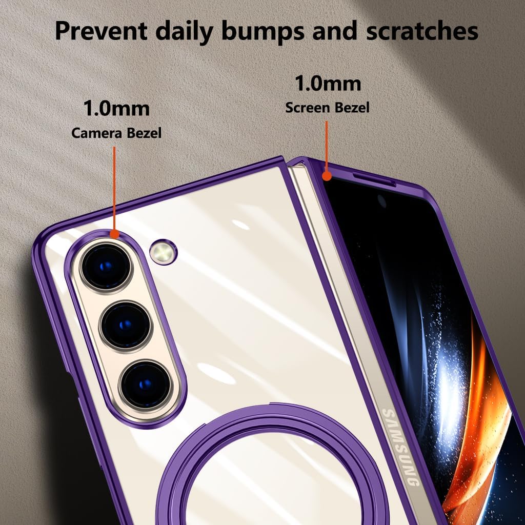 Compatible for Galaxy Z Fold 6 Case with O-Ring Stand Clear Case, Compatible with Magnetic Car Phone Mount [Wireless Charging] Slim Fit Anti-Scratch Cover for Galaxy Z Fold 6, Purple(13-17)