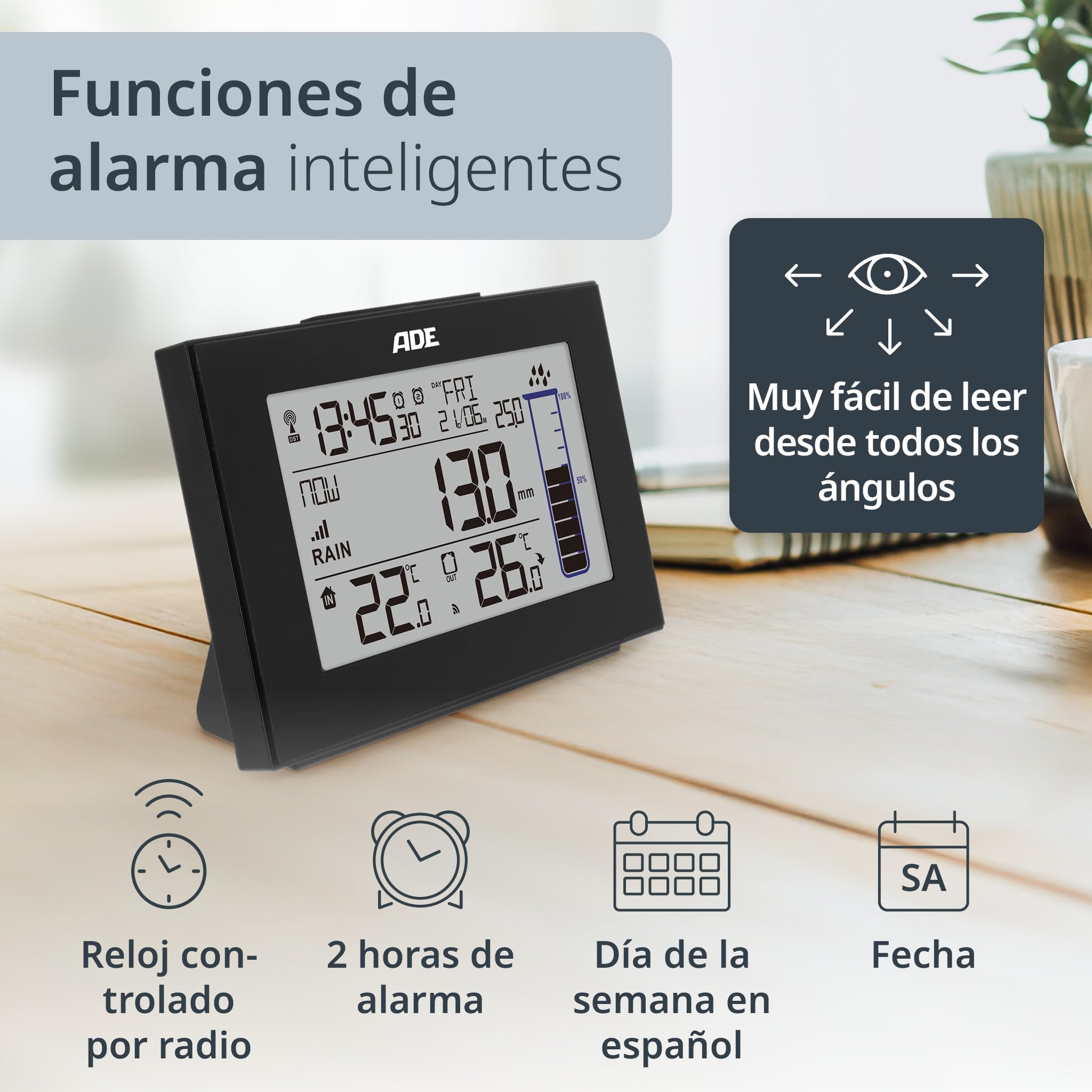 ADE Pluviómetro WS1907 (Estación meteorológica con pluviómetro para el jardín con Sensor de Radio, termómetro para Interior y Exterior, Radio Reloj Digital con Despertador), Negro