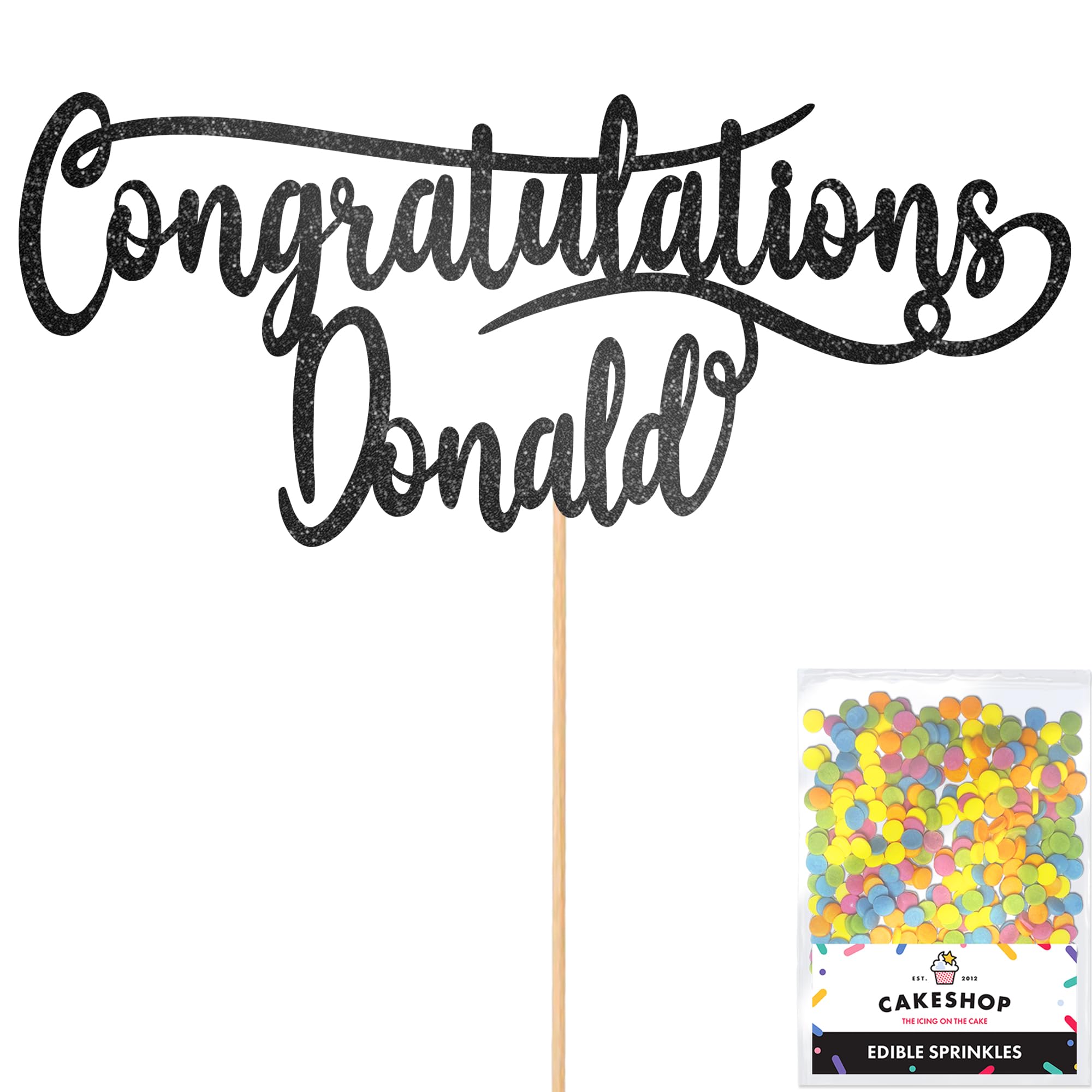 Cakeshop Personalised Congratulations Glitter Cake Topper With Sprinkles - Black Custom Colour - Any Name - Double-Sided Glitter Card Cake Decoration - Custom Toppers for Cakes