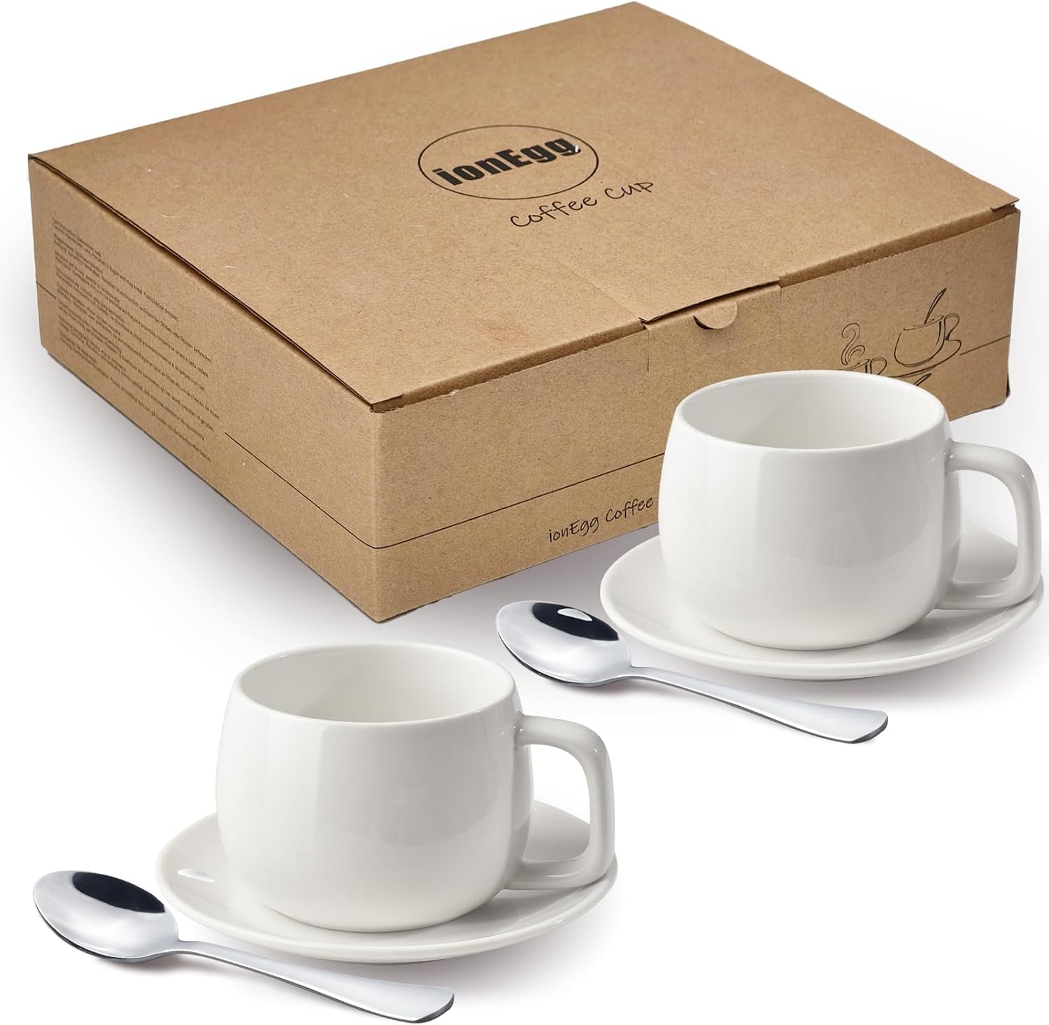 ionEgg Porcelain Coffee Cup with Saucers and Spoons 270ml/9oz for Latte, Cappuccino and Tea, White, Set of 2