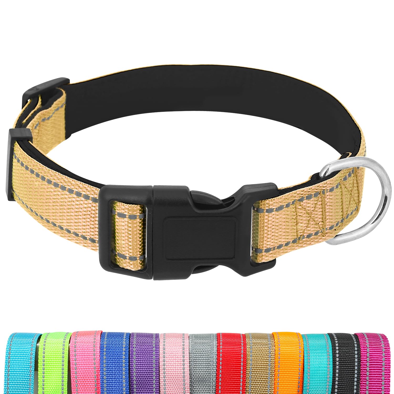 Dog Collars Adjustable for Puppy and Small Dogs,Heavy Duty Waterproof Dog Collar with Quick Release Buckle,Girl Boy Female Male Reflective Nylon Dog Collar with Soft Neoprene Padded,XS,Camel