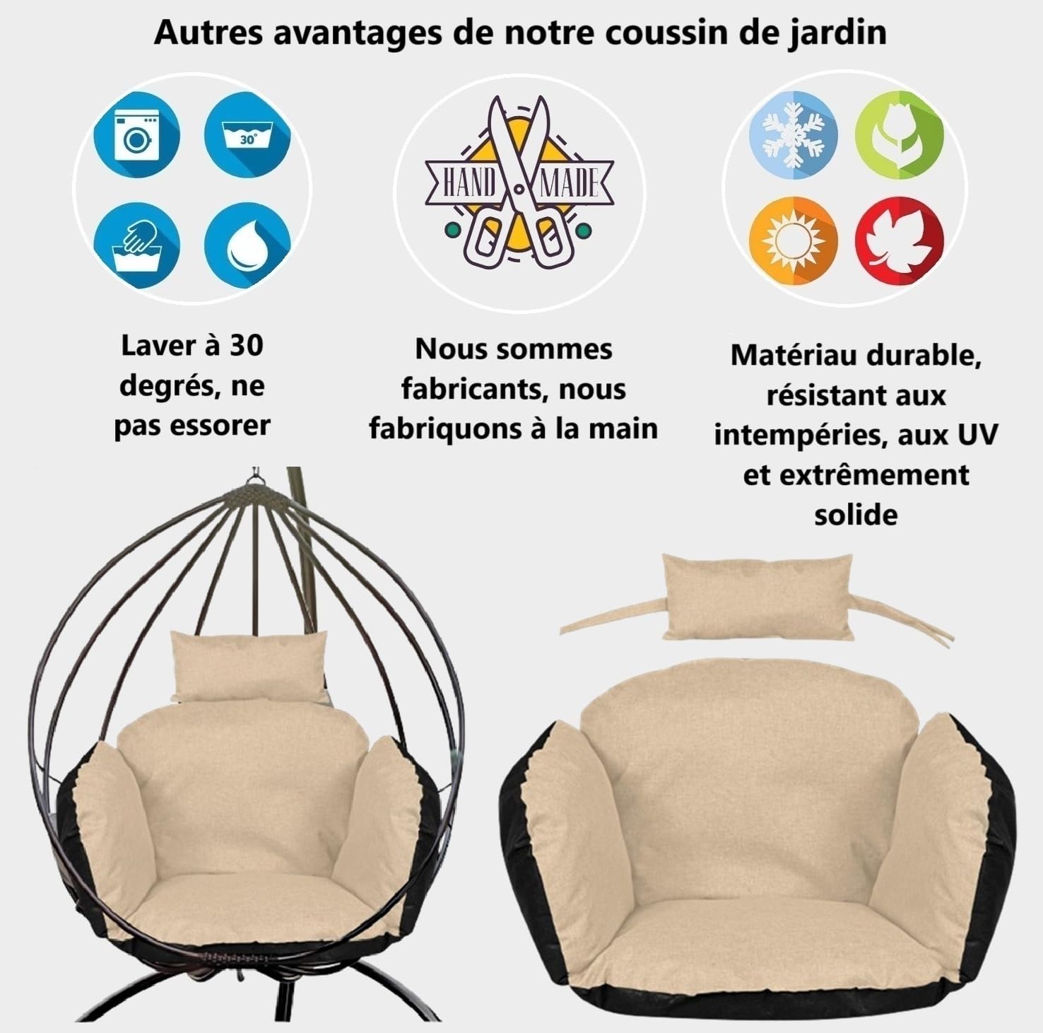 Coussin de siège pour Fauteuil Suspendu, avec Dossier, Appui-tête, Coussin pour balancelle Suspendue, Facile d'entretien, imperméable