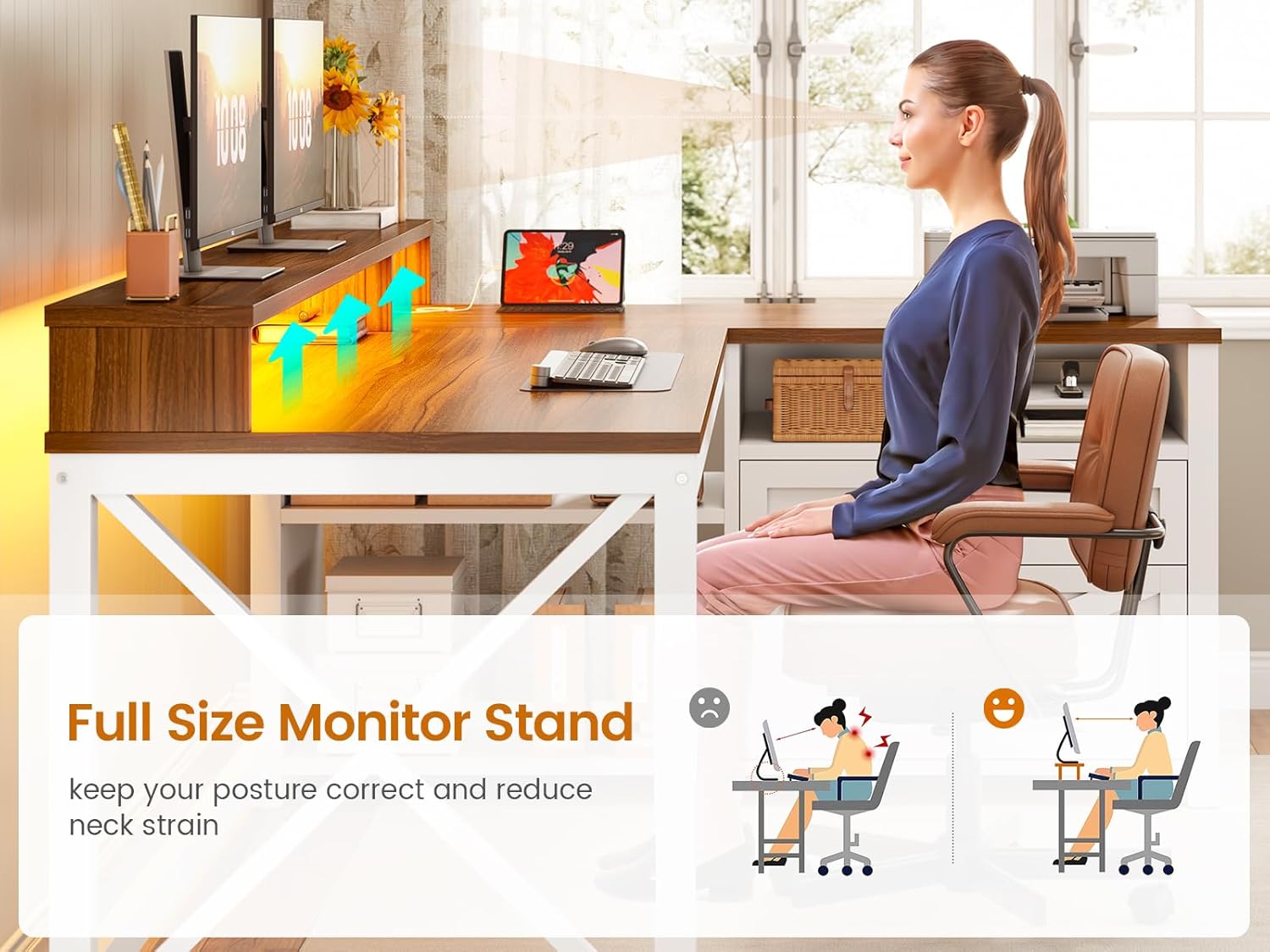 SEDETA Farmhouse L Shaped Desk, 55" Home Office Desk with Drawers and Storage Shelves, L Shaped Gaming Desk with LED Lights, Power Outlet and Monitor Shelf, Brown