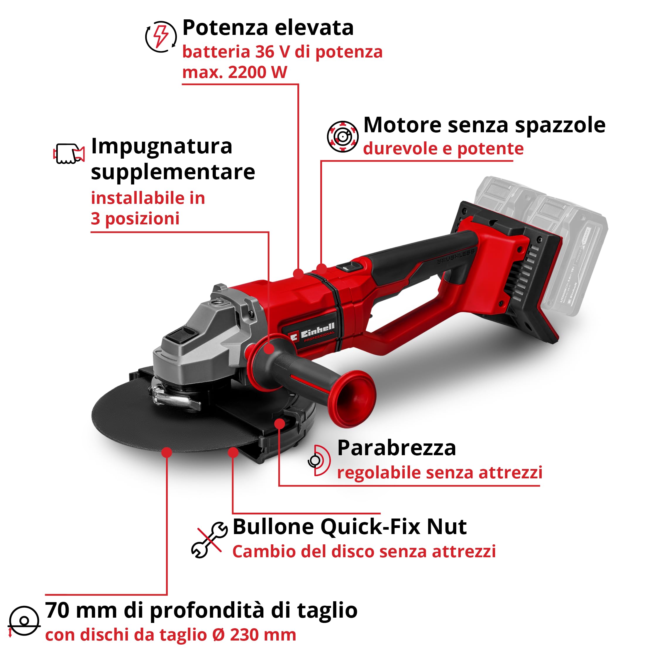 Einhell Professional Smerigliatrice angolare a batteria AXXIO 36/230 Q Power X-Change (36 V, 2200 W, 230 mm Ø disco, 70 mm profondità taglio, Brushless, Quick-Fix-Nut, senza disco, senza batteria)