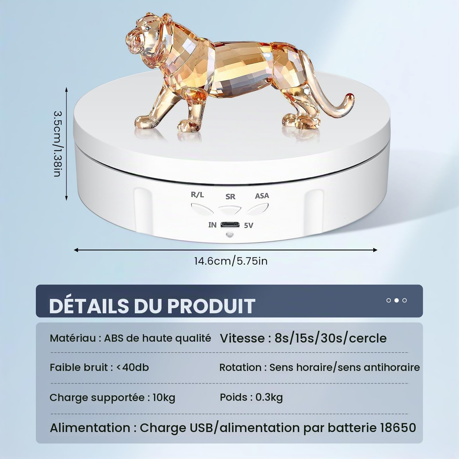 Plateau Tournant Electrique, Direction et Vitesse à 360 Degrés Réglables Tournante Rotative Électrique, Charge de 10KG Automatique Support Rotatif Motorisé Rechargeable avec 5 Panneaux de Fond