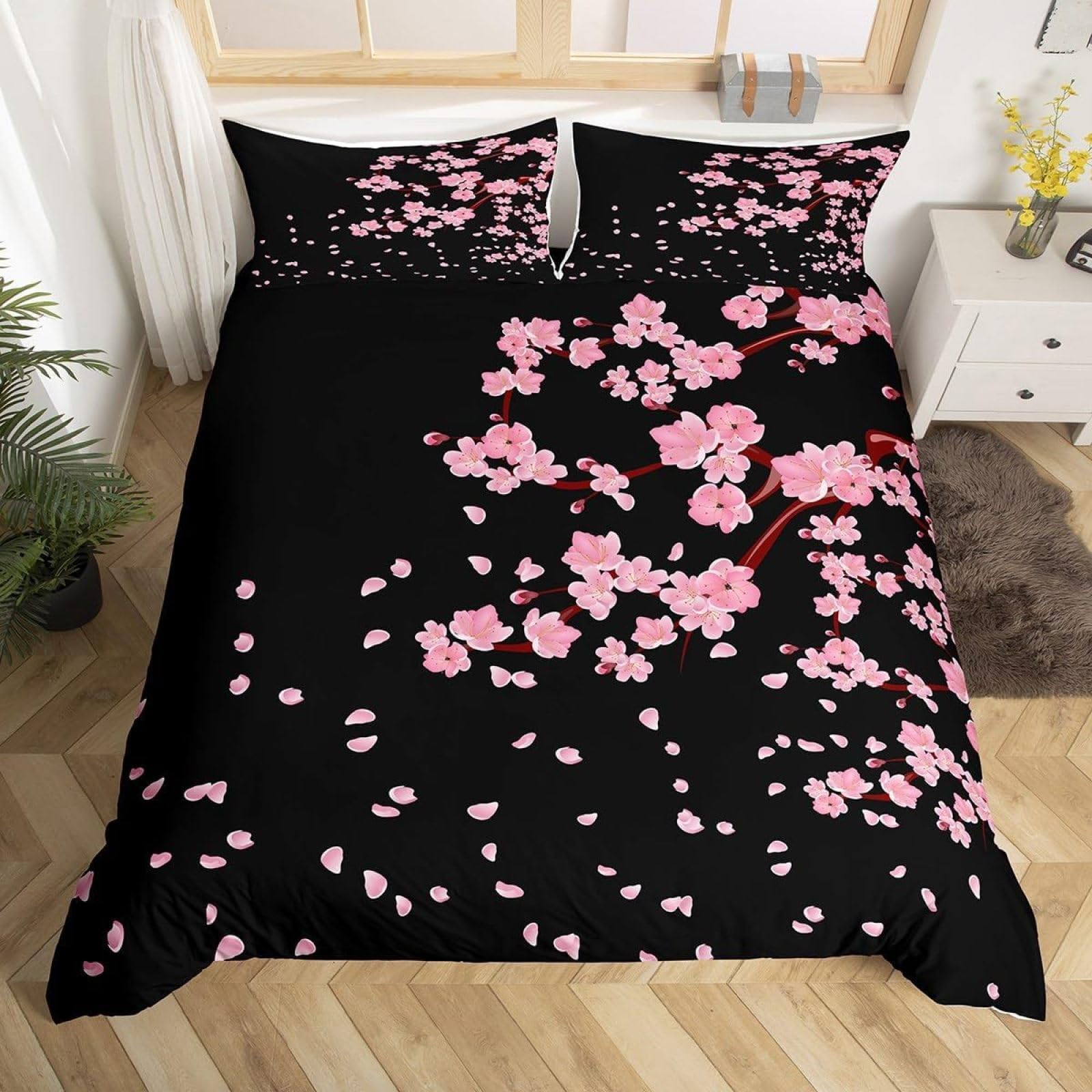 Housse de Couette 220x240 Sakura Rose Parure de Lit 2 Personnes Imprimée 3D Microfibre avec Zip