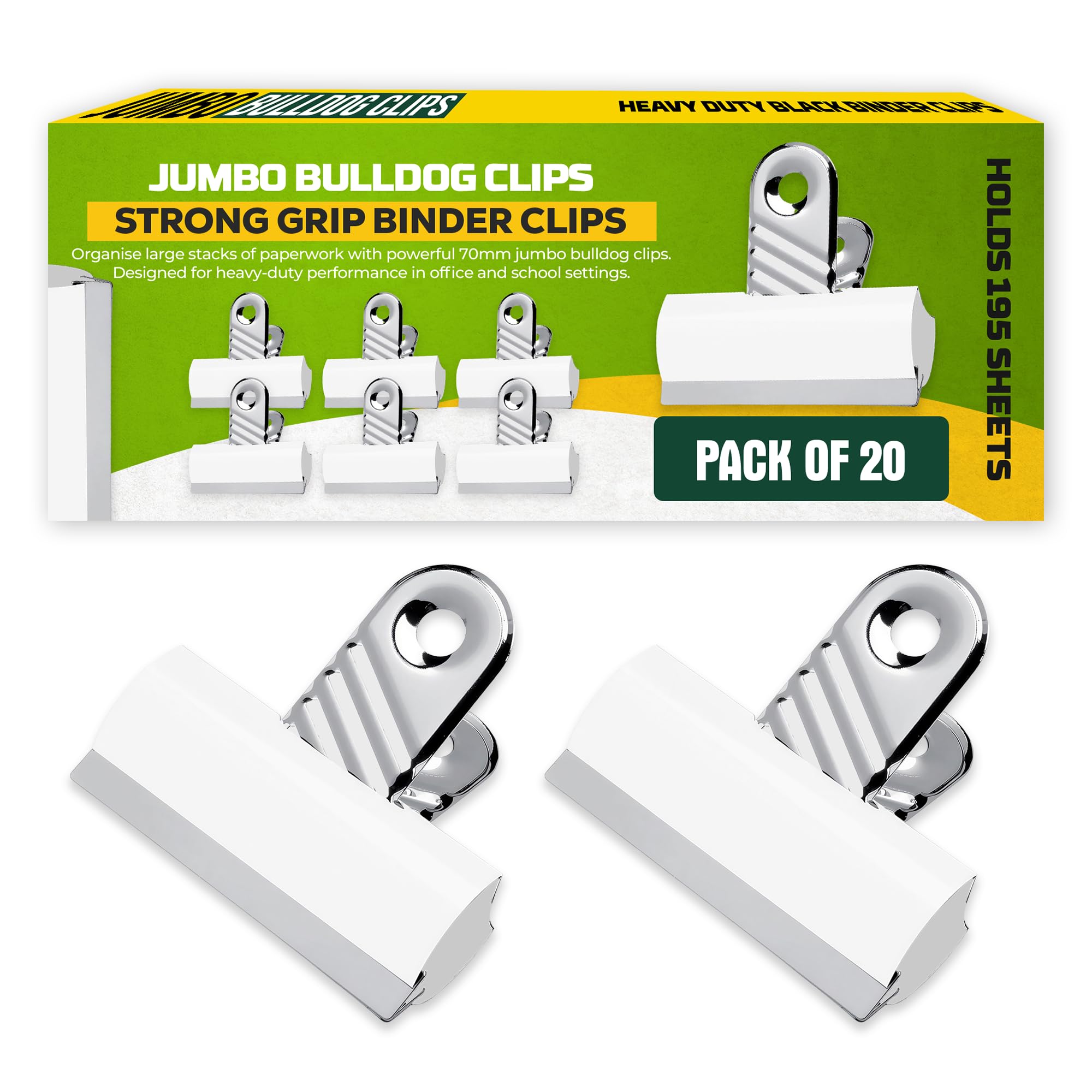AIBULO 20 White Jumbo 70mm Bulldog Clips – Heavy-Duty Metal Binder Clips for Paper, Documents & Files – Strong Grip Large Paper Clips for Office, School & Home Organization