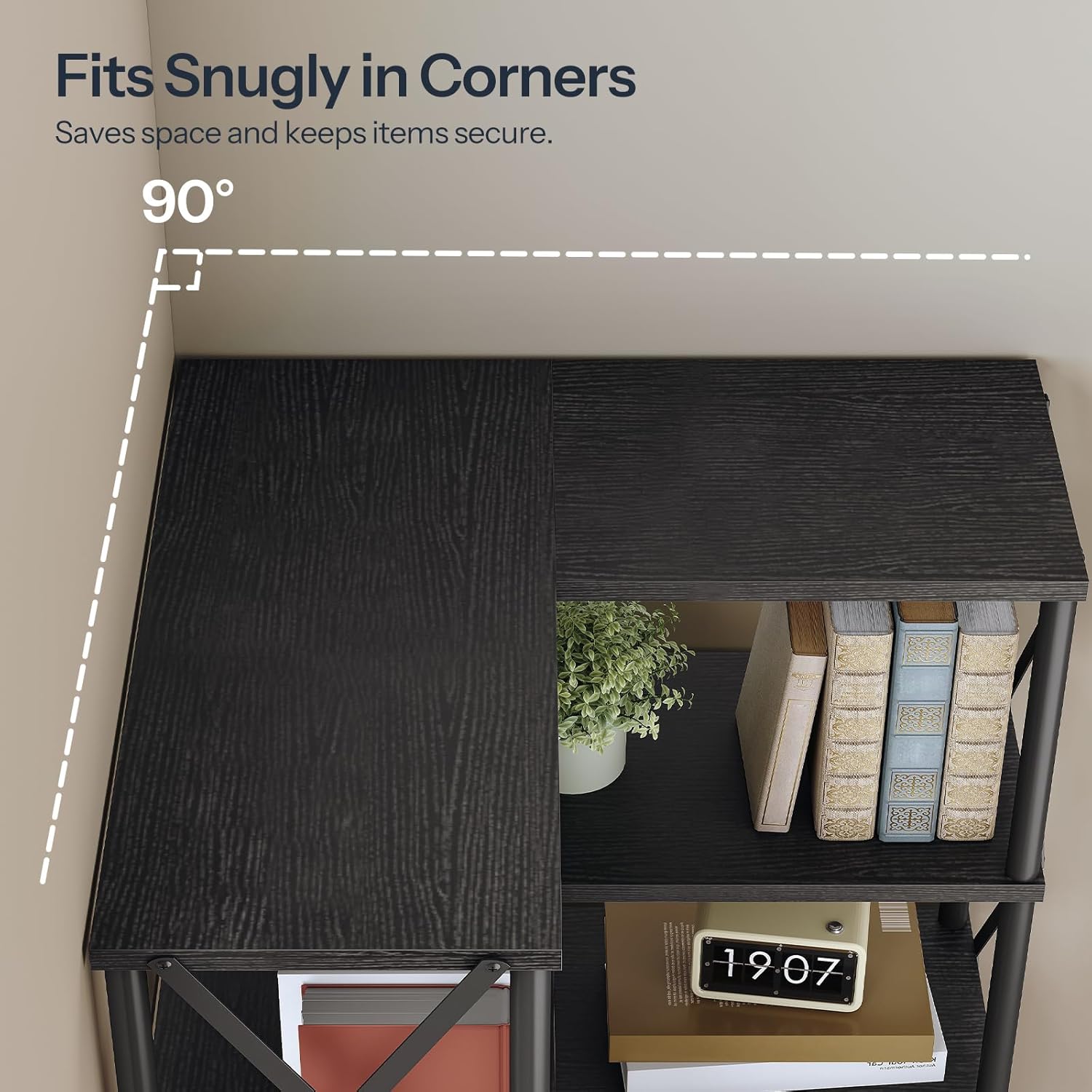 A HOOBRO bookshelf placed against a straight wall, configured as a long, open storage unit, holding various kitchen items.