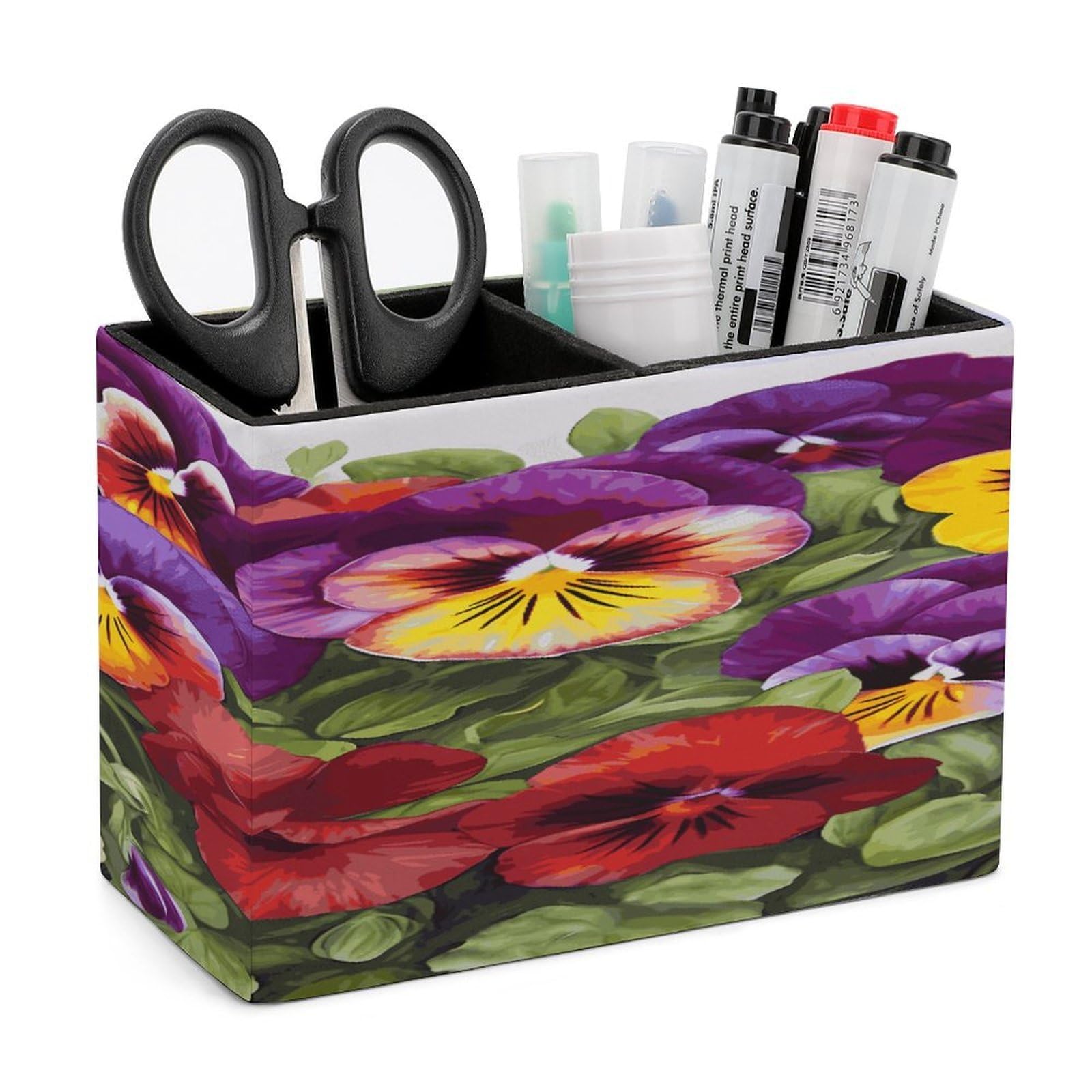 LDGSUPH Pansy Perfection Leather Pen Holder for Desk Organizer Caddy Large Pencil Cup Multi-function Pencil Holder Makeup Brush Holders Pen Organizer for Home Office Storage Box