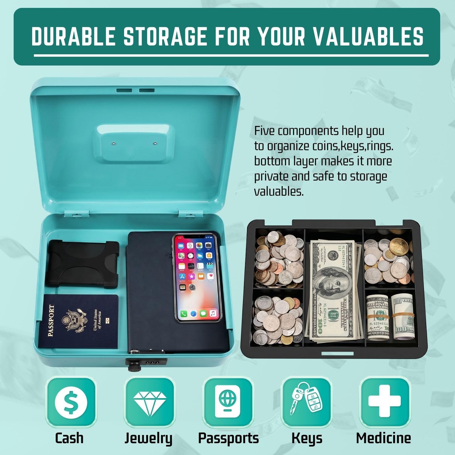 Flexzion Caja de dinero con llave, caja de dinero para negocios en efectivo, cajero y dinero en efectivo, caja de metal azul con llave de bloqueo, bandeja de billetes con resorte y ranuras para