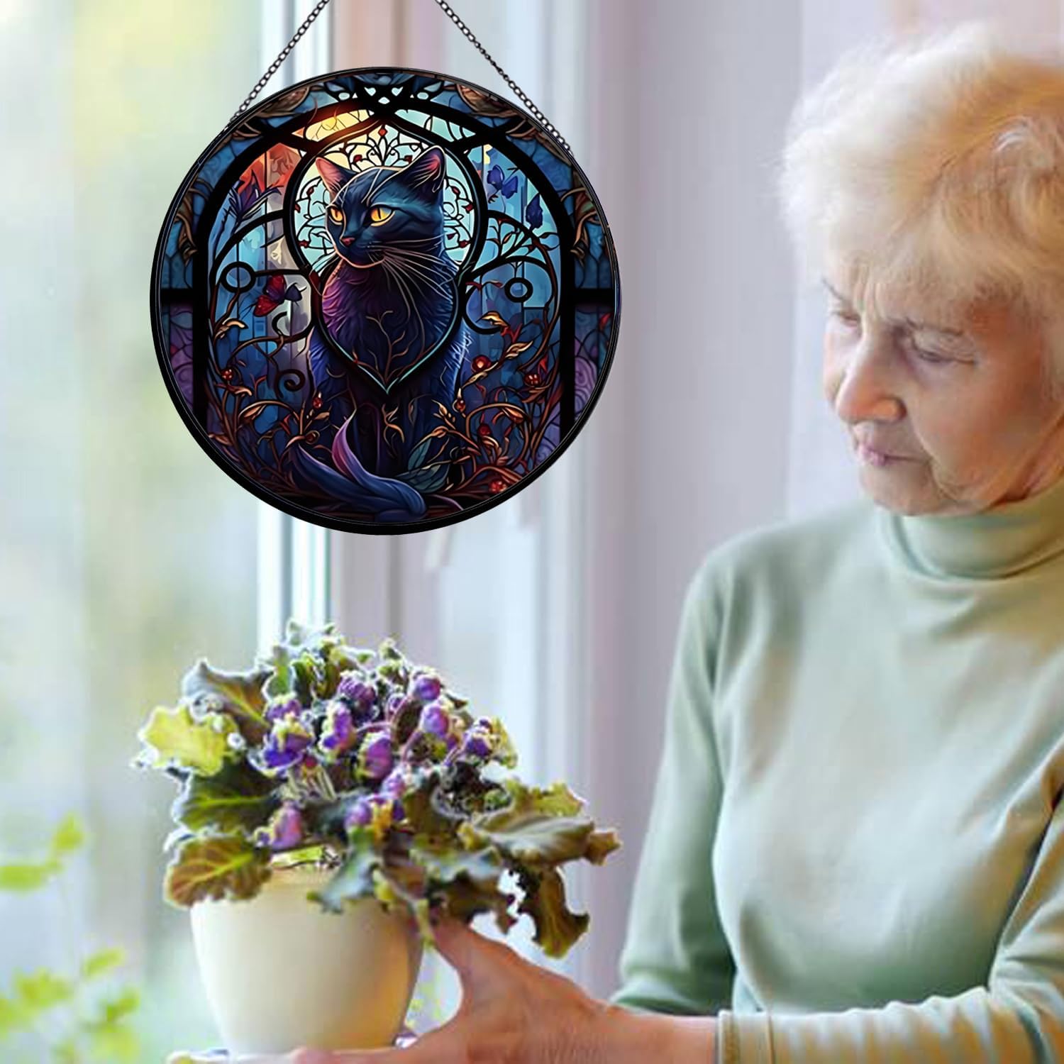 Stained Glass Suncatcher Autumn Christmas Window Decor for Cat Lover,Black Cat Hanging Decorations Indoor Outdoor,Halloween Hanging Decorations