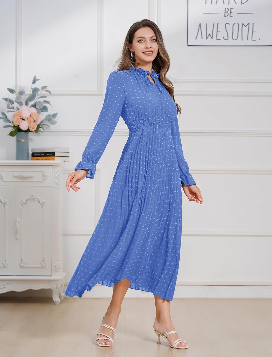 Women's 2024 Fall Midi Dress Casual Long Sleeve Swiss Dot Pleated A Line Flowy Cocktail Dresses Wedding Guest Dress - Image 3