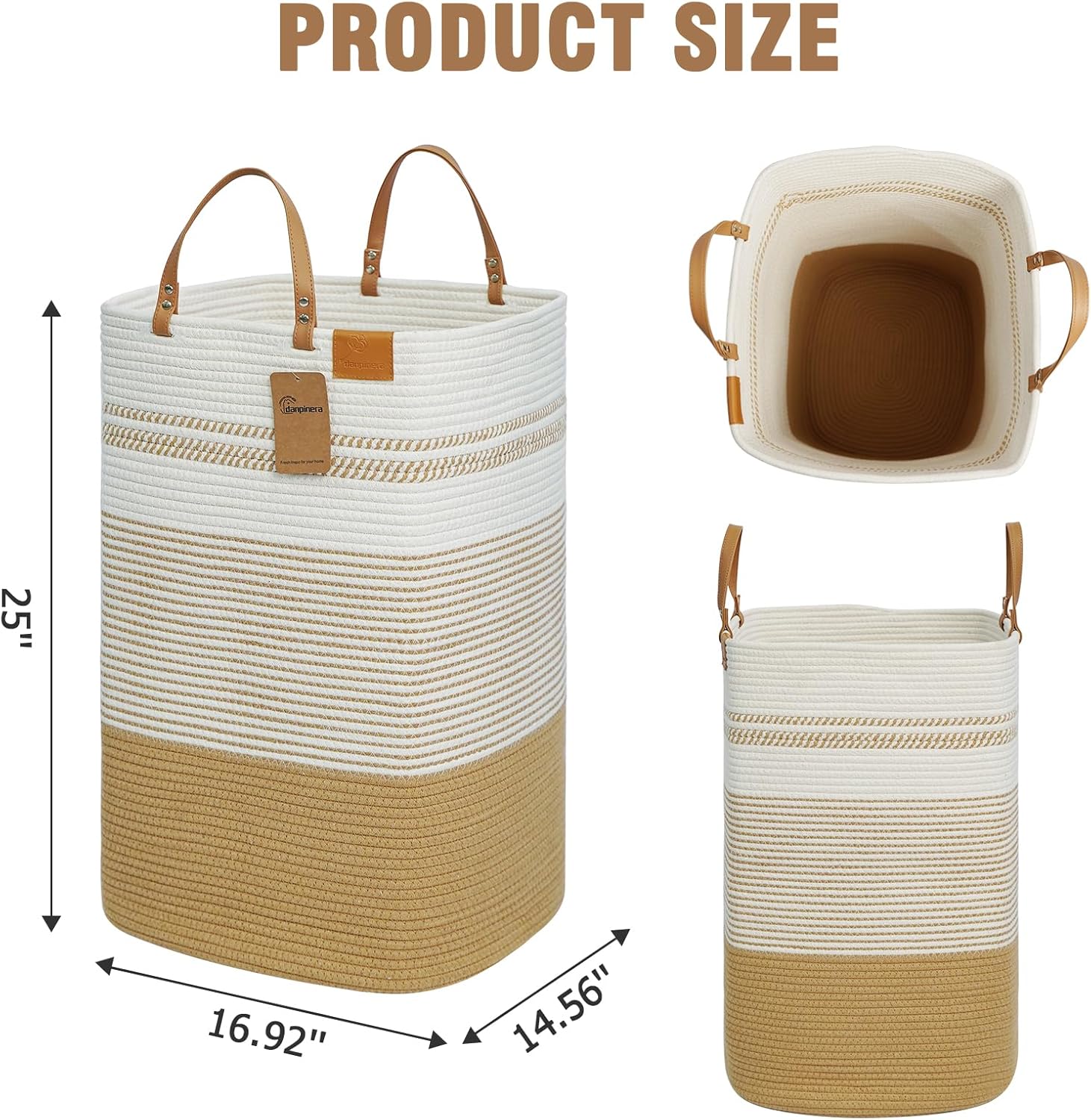 danpinera 100L Nursery Hamper, Tall Woven Laundry Basket with Long Leather Handles, Boho Laundry Hamper for Living Room & Bedroom, Eco-friendly & Convenient Decorative Storage Basket White & Jute