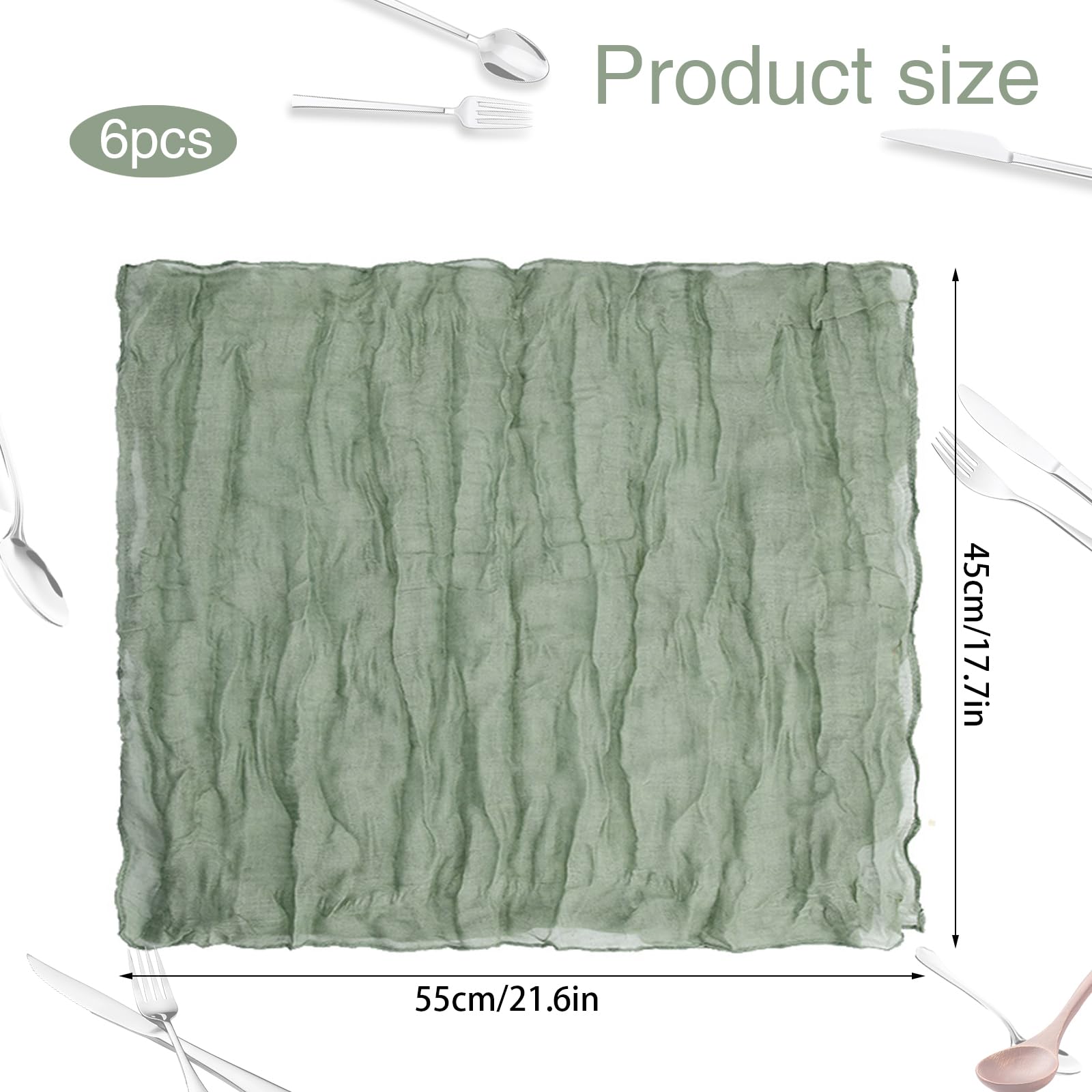 6 Pcs Fabric Napkins Cheesecloth Table Cloth Napkins 45 x 45 cm Dinner Versatile Handmade for Breakfast Dinner Wedding and Parties (light green) - Image 2